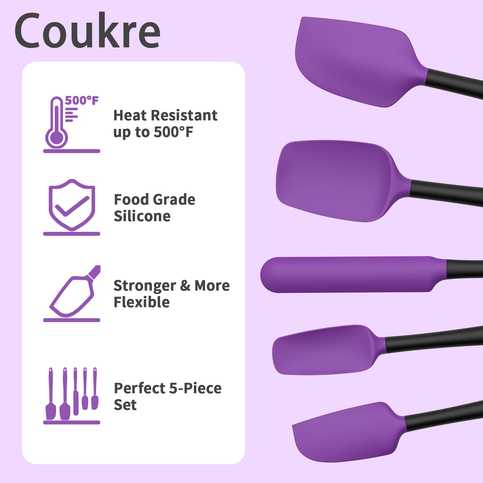 Coukre Silicone Spatula Set of 5,High Temperature Resistant, Food Grade Silicone, Dishwasher Safe, for Baking, Cooking (Purple Black)