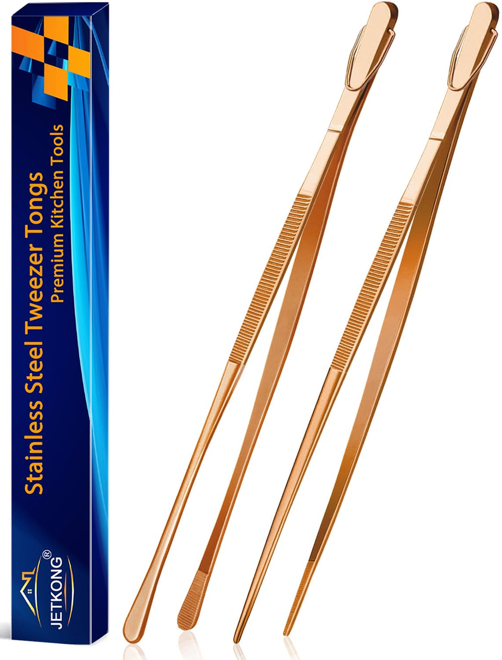 JETKONG 2 Pcs 12-Inch Cooking Tweezer Tongs Stainless Steel Kitchen Tweezers Plating Tongs (Navy Blue)