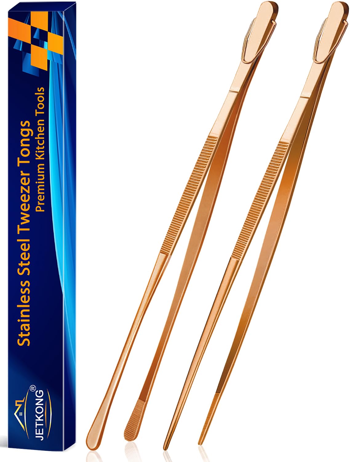 JETKONG 2 Pcs 12-Inch Cooking Tweezer Tongs Stainless Steel Kitchen Tweezers Plating Tongs (Navy Blue)