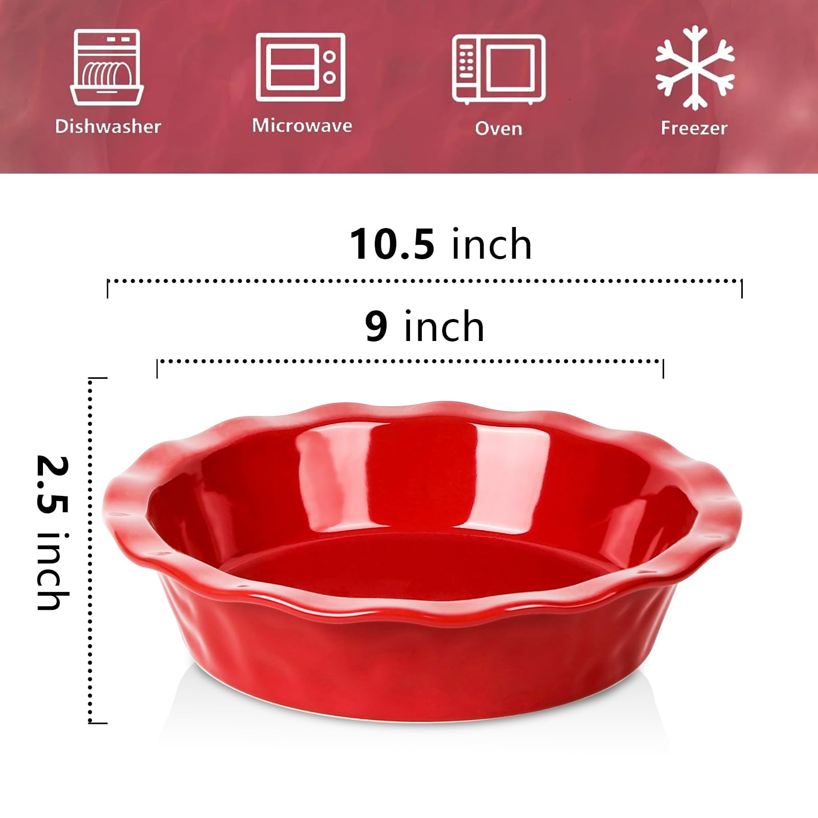 vicrays Ceramic Pie Pan for Baking - 9 inch Pie Plate, Round, Fluted and Deep Pie Dish for Tart, Pizza, Apple Pie, Quiche, Pot Pies, Cake - Reactive Glaze (Red)