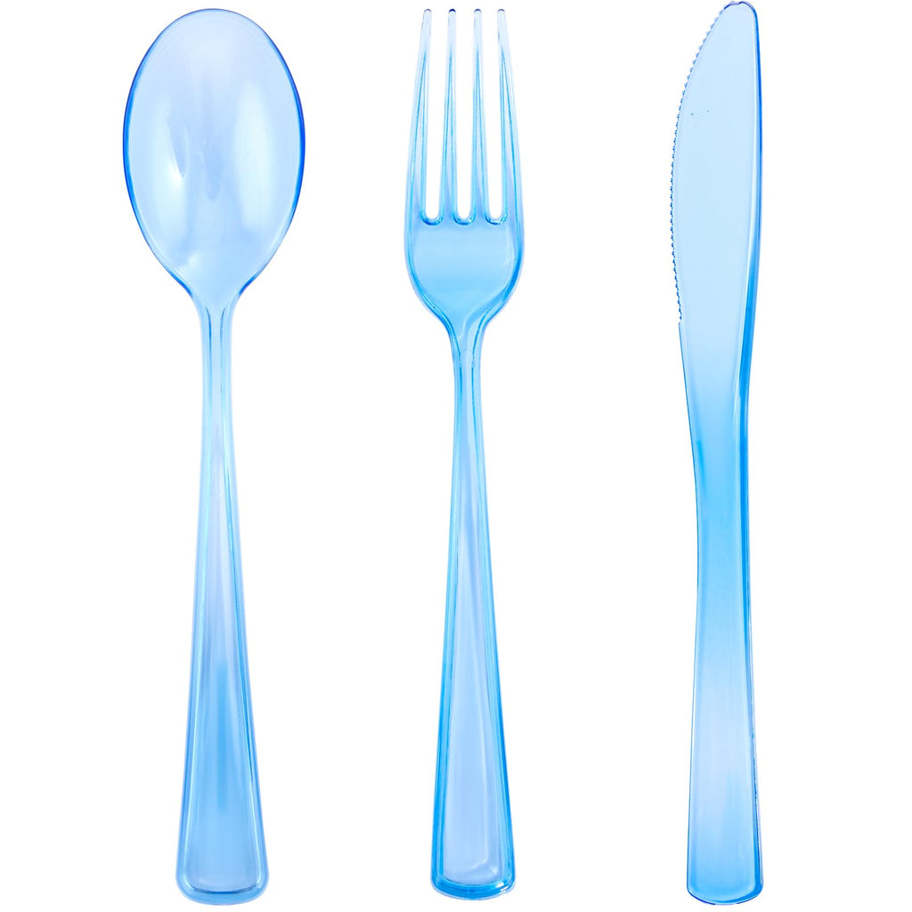 WDF 180PCS Blue Plastic Silverware -Blue and Gold Plastic Cutlery 60 Forks, 60 Knives, 60 Spoons - Heavy Duty Disposable Silverware for Party/Wedding/Birthday