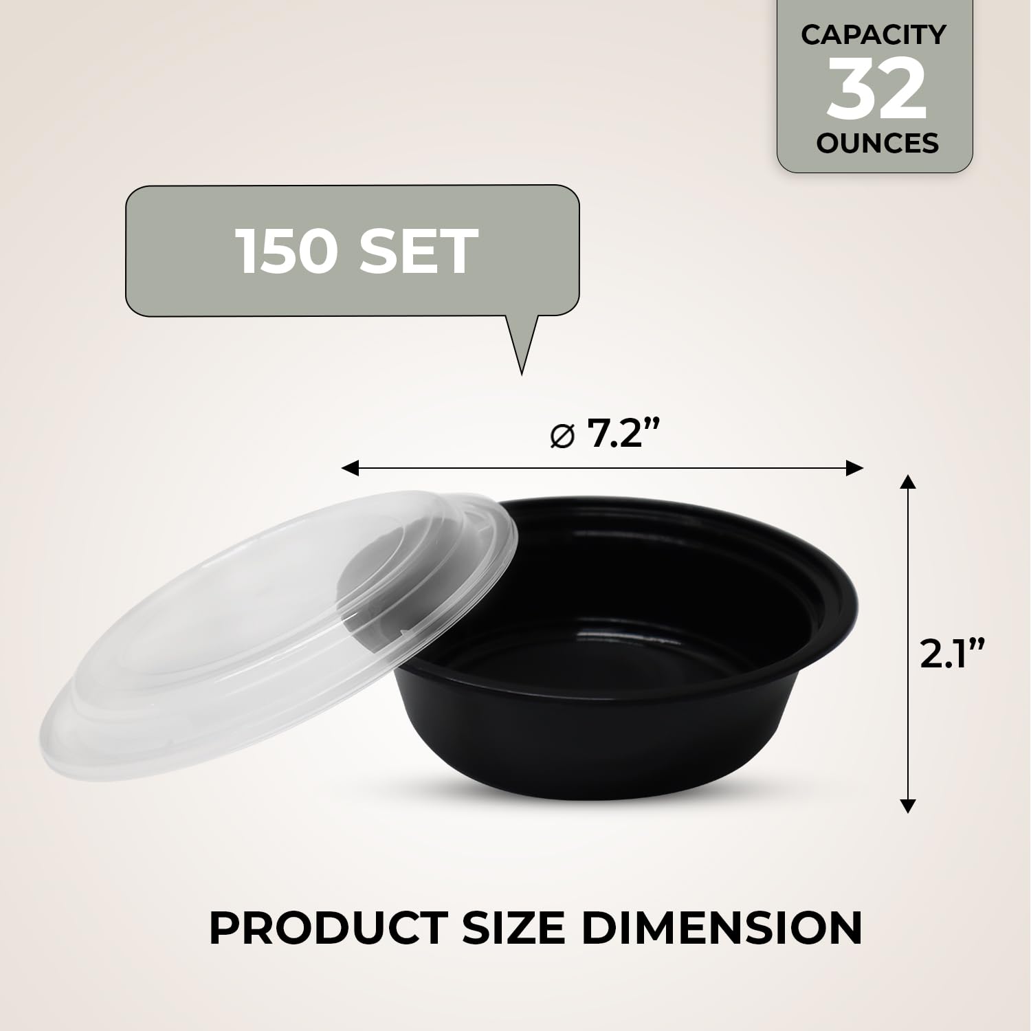 Klex 32 Oz, 150 Sets Meal Prep Containers with Airtight Lids, BPA Free, Reusable Plastic Food Container, 32 oz, Round, Black/Clear, 150 Sets