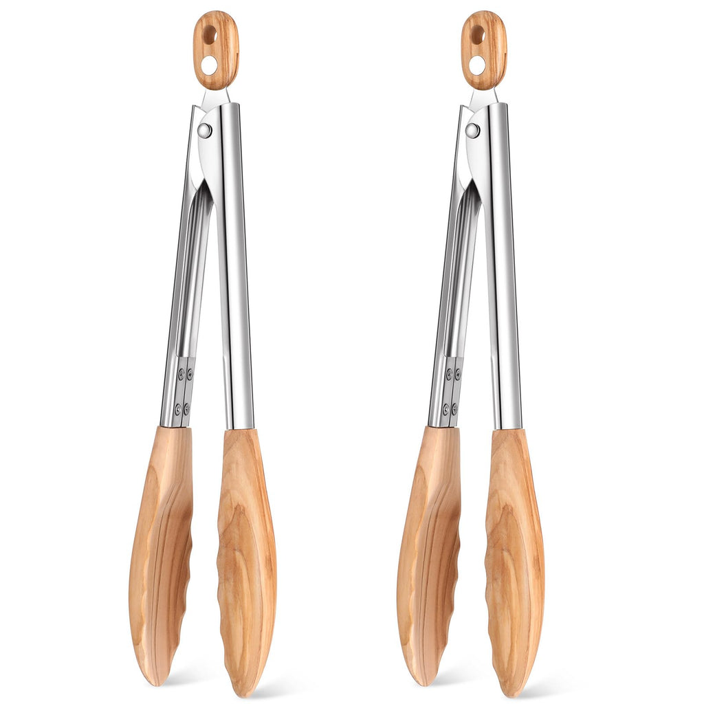 Baderke 2 Pcs Wooden Kitchen Tongs, 11.4 Inch, Olive Wooden