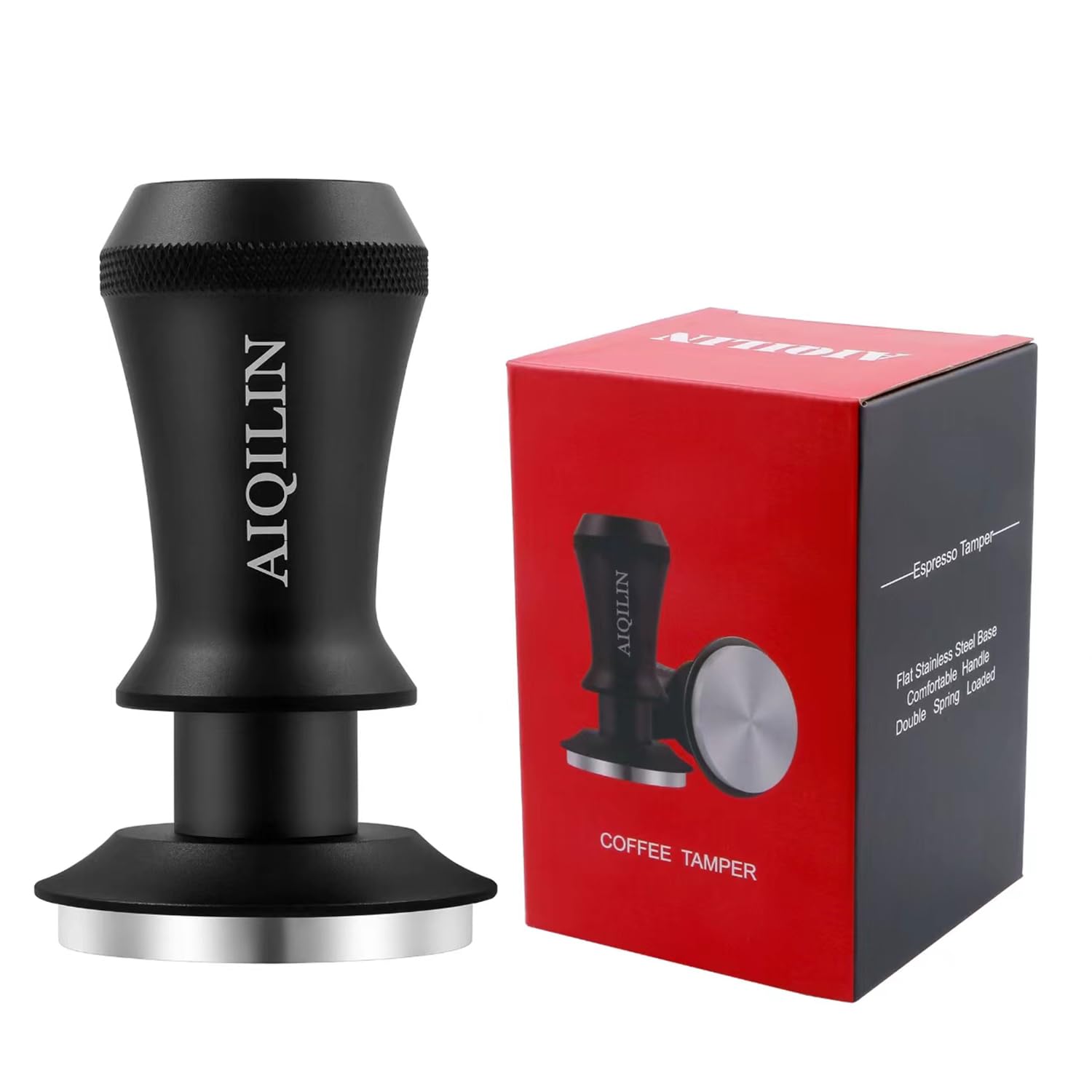 AIQILIN Espresso Tamper, Constant 30lb Coffee Tamper with double Calibrated Spring Loaded, Stainless Steel double spring loaded Coffee Tamper Fits for All Portafilters- Flat Base (58mm, BLACK)