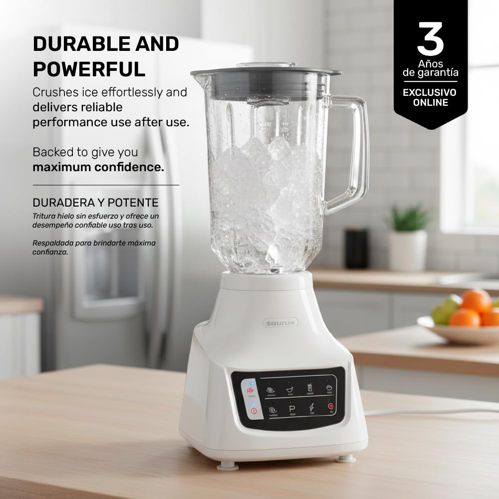 Taurus Potenza Comfort Blender, 1050W, 1.5L Glass Jar, Up to 50% Less Noise, Stainless Steel Blades, 9 Speed Settings, Quiet Powerful Blender for Smoothies, Ice, and Frozen Drinks