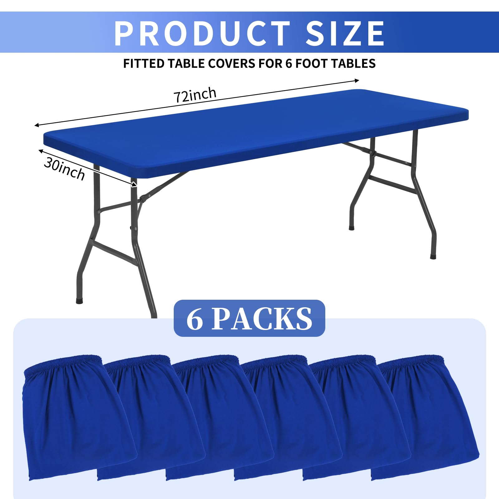 6 Pack Stretch Fabric Table Top Cap Cover, fits 6' Tables, Spandex Table Covers Washable Elastic Rectangle Tablecloth Protector for Indoor Outdoor Party Picnic Wedding, Royal Blue, 30" W x 72" L