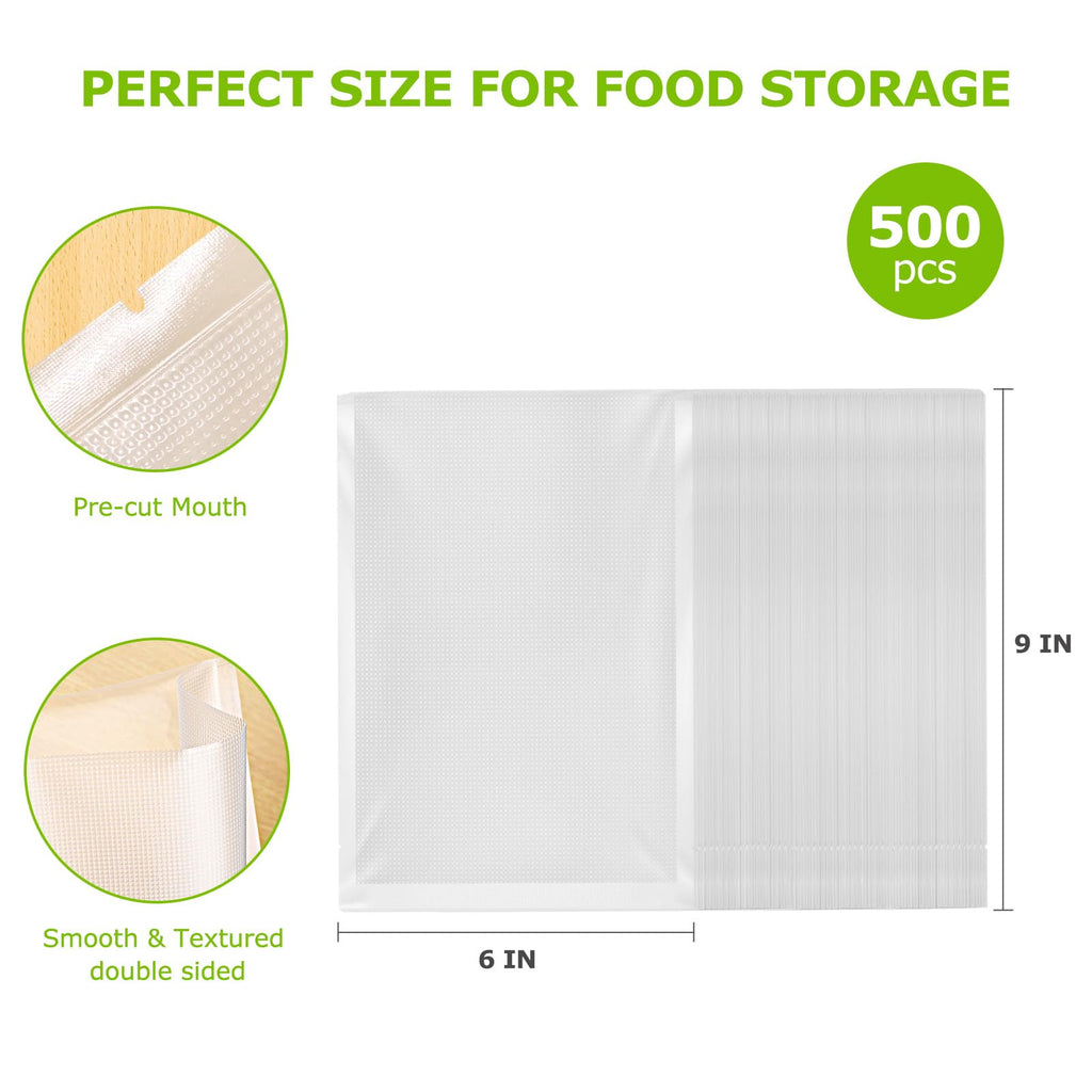 Bonsenkitchen Precut Vacuum Sealer Bags, 500 Pint 6" x 9" Food Sealer Bags