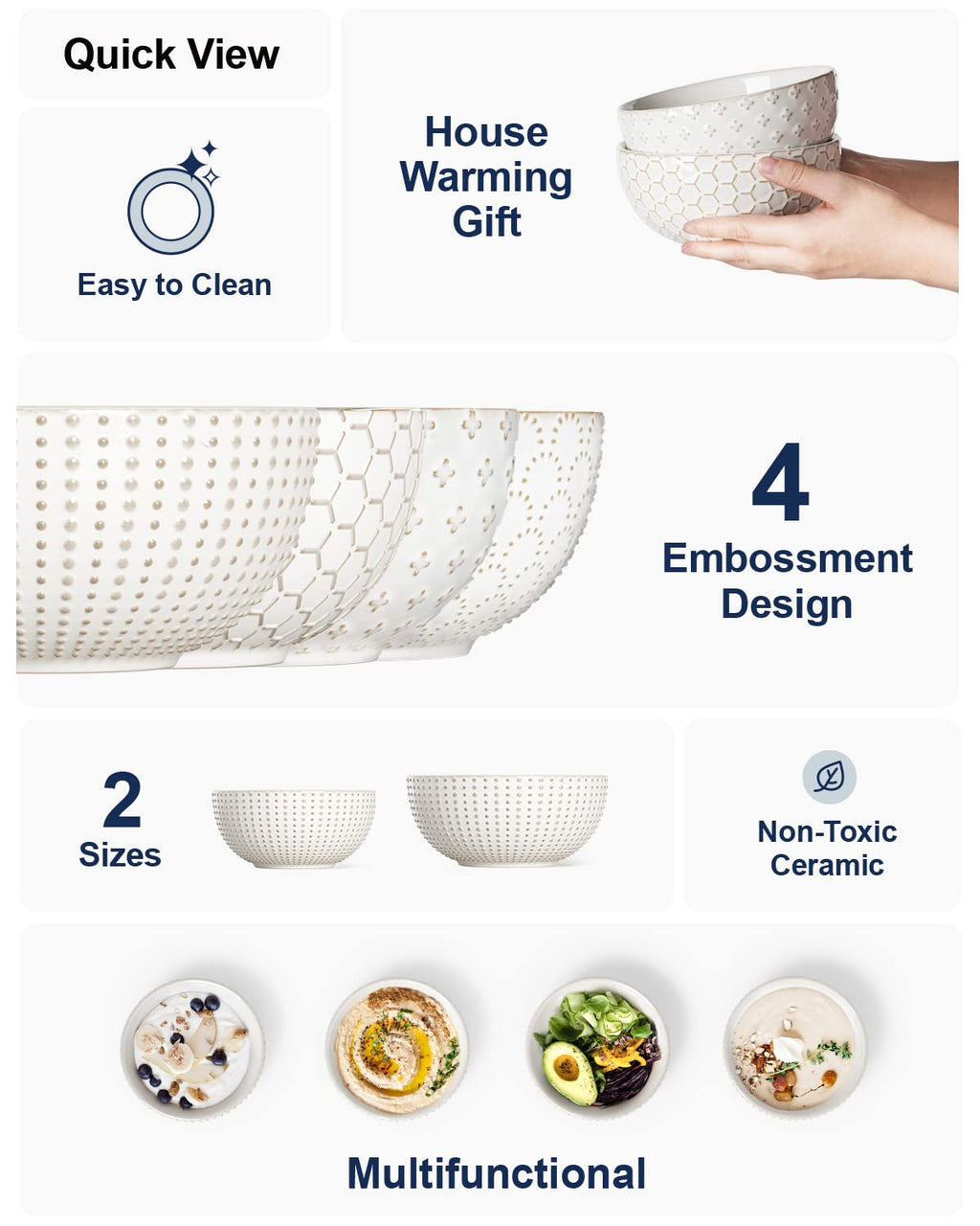 LE TAUCI Cereal bowls 26 oz, Ceramic Soup Bowl for Kitchen, Embossment Stoneware Bowl for Pho, Chip, Fruits, Salad, Noodle, Ramen, Suit For Housewarming - 6 Inch, Set of 4, Arctic white