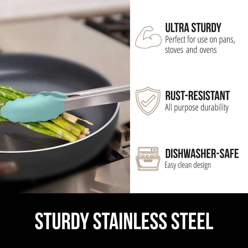 GORILLA GRIP Stainless Steel BPA-Free Kitchen Tongs for Cooking, 9+12 Inch, Heat Resistant BBQ Tong Set of 2, Non Scratch Silicone Tip for Pan, Strong Grip, Grab Food, Toss Salad, Pull Lock, Mint