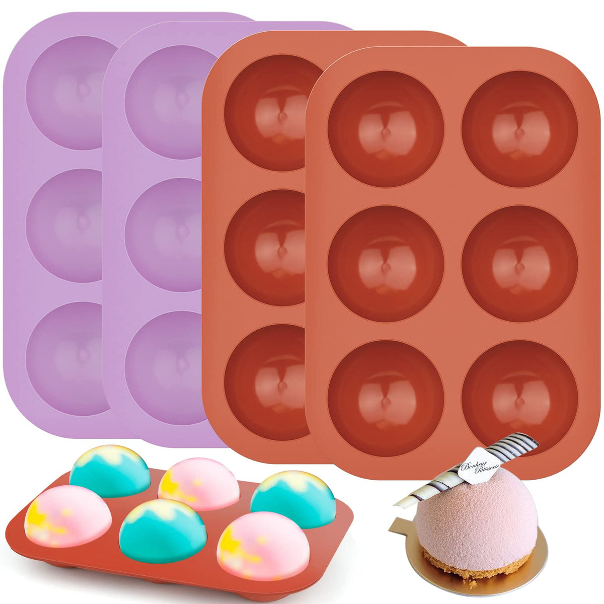 2 Pack 6-Cavity Semi Sphere Silicone Mold, Baking Mold for Making Hot Chocolate Bomb, Cake, Jelly, Dome Mousse (Purple)