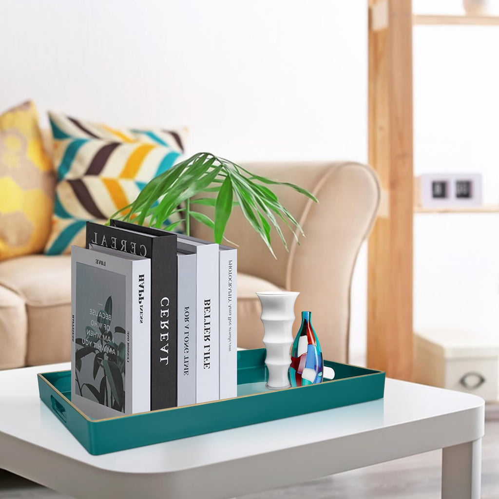 Gifturbo Teal Serving Tray,Rectangular Serving Trays with Handles, Plastic Coffee Table Tray Decorative Tray for Ottoman,Living Room, Bathroom, 15.7” x 10.2” x1.37”