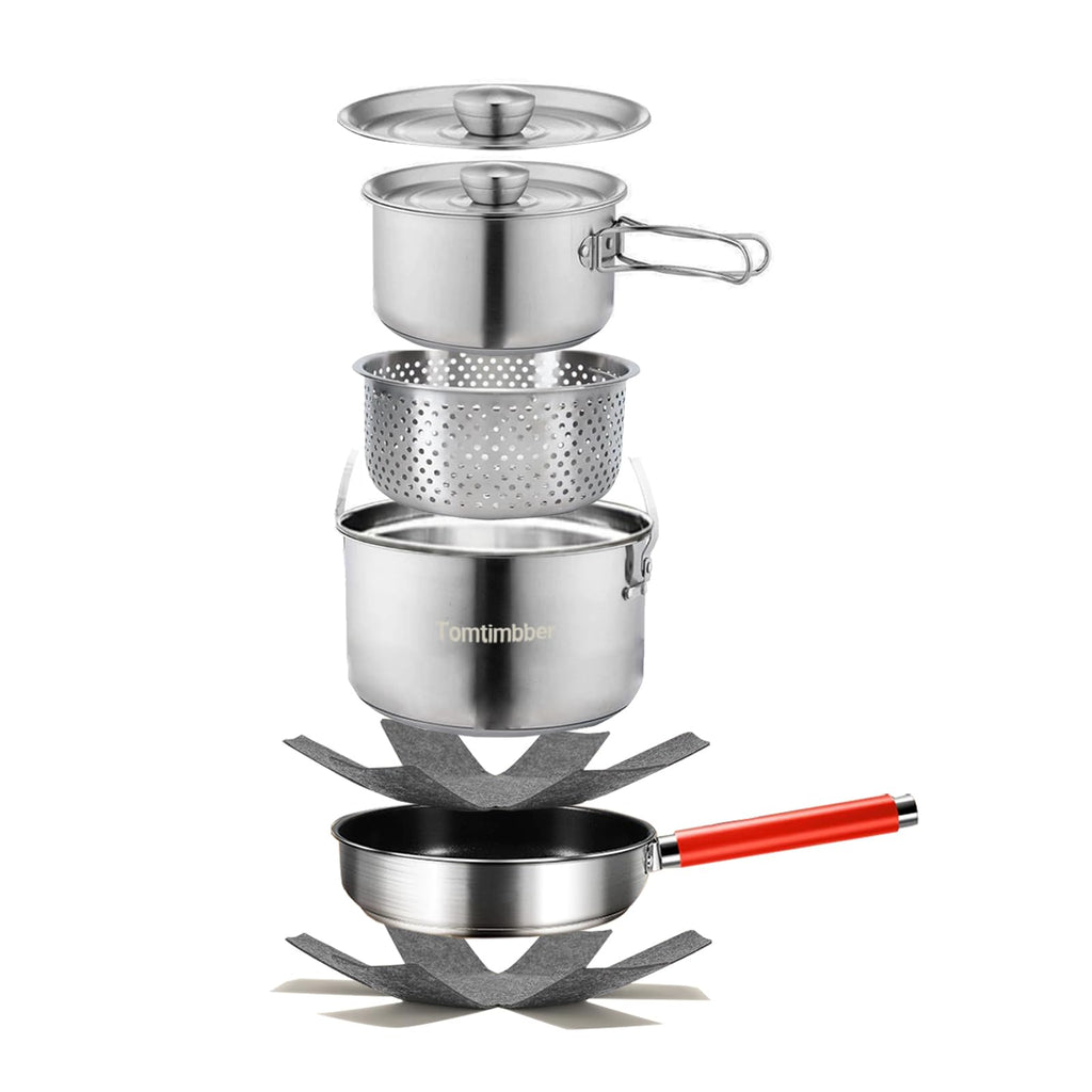 Tomtimbber Camping Cookware Set 304 Stainless Steel Cooking Pots Pan Set with Travel Tote Bag for Camping Outdoor Kitchen Cooking Picnic for 4-6