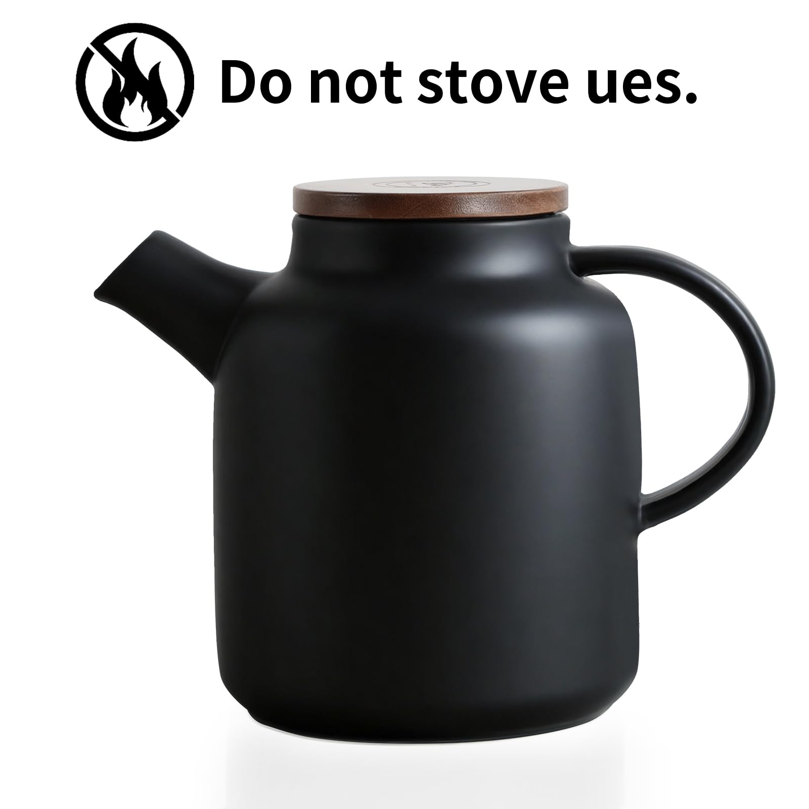 Yundu 1500ml / 50 oz Ceramic Teapot with Infuser & Wood Lid - Matte Black, Loose Leaf Tea Pot with Removable Strainer, Large Capacity