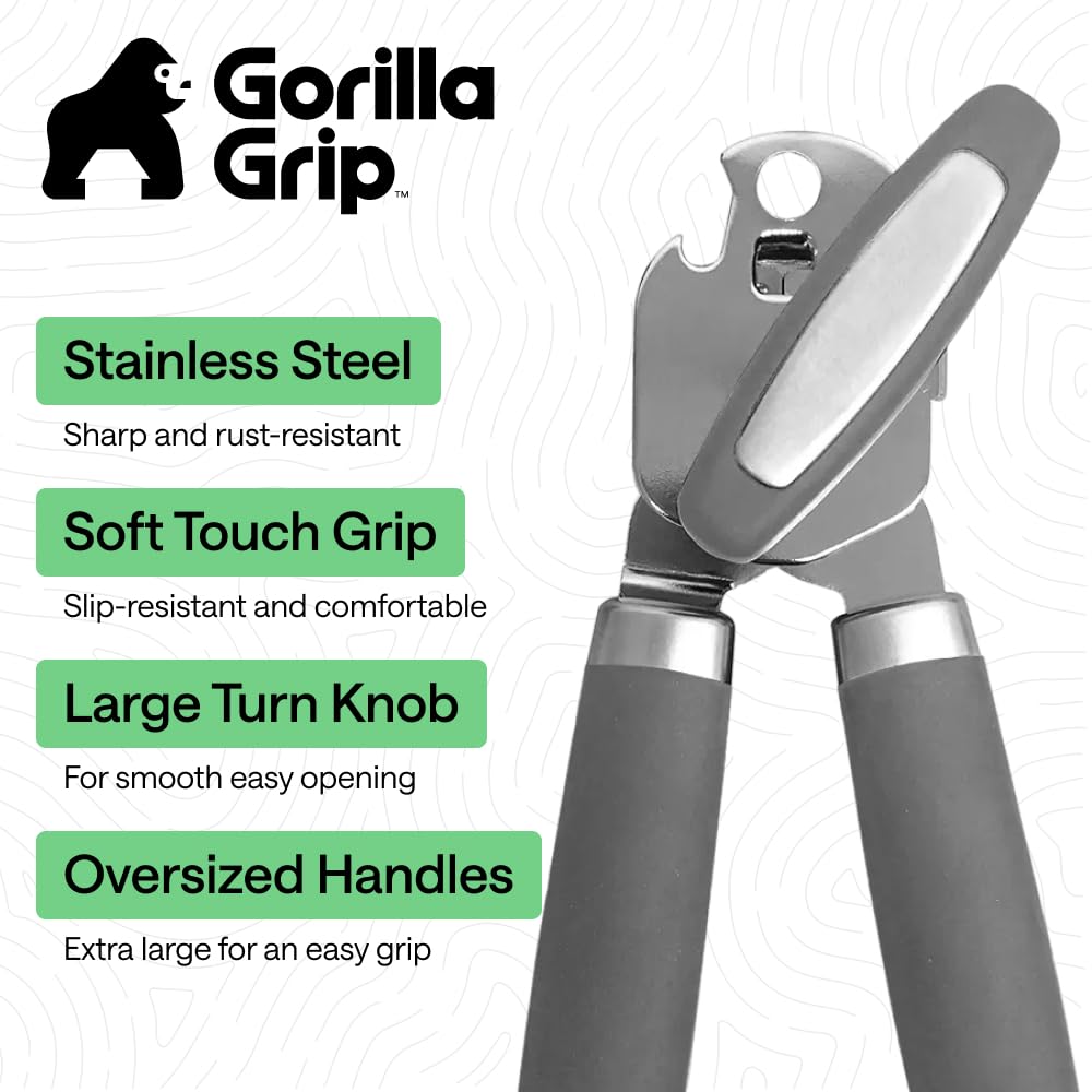 GORILLA GRIP Original Model Stainless Steel Smooth Edge Manual Can Opener and Bottle Openers, US Designed, Comfortable Handle, Oversized Handheld Turn Knob, Multifunctional Kitchen Tool, Gray