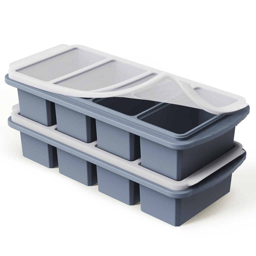 Silicone Freezer Tray with Lid Soup Freezer Container Molds with Steel Reinforced Rim Large Ice Cube Tray Makes 8 Perfect 1 Cup Portions Cubes Storage Food Ice Block Molds New Home Essentials
