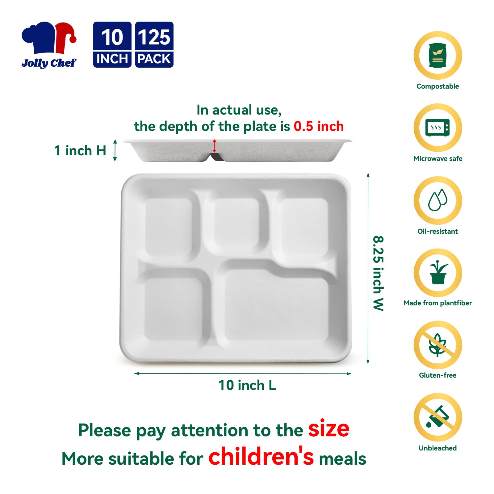 JOLLY CHEF Compostable 𝟱 Compartment Paper Plates 10*8.25*1 𝗶𝗻𝗰𝗵 [𝟭𝟮𝟱 𝗣𝗮𝗰𝗸] Small Heavy Duty Divided Disposable White Eco-Friendly Biodegradable Food Tray for School Lunch Dinner Christmas