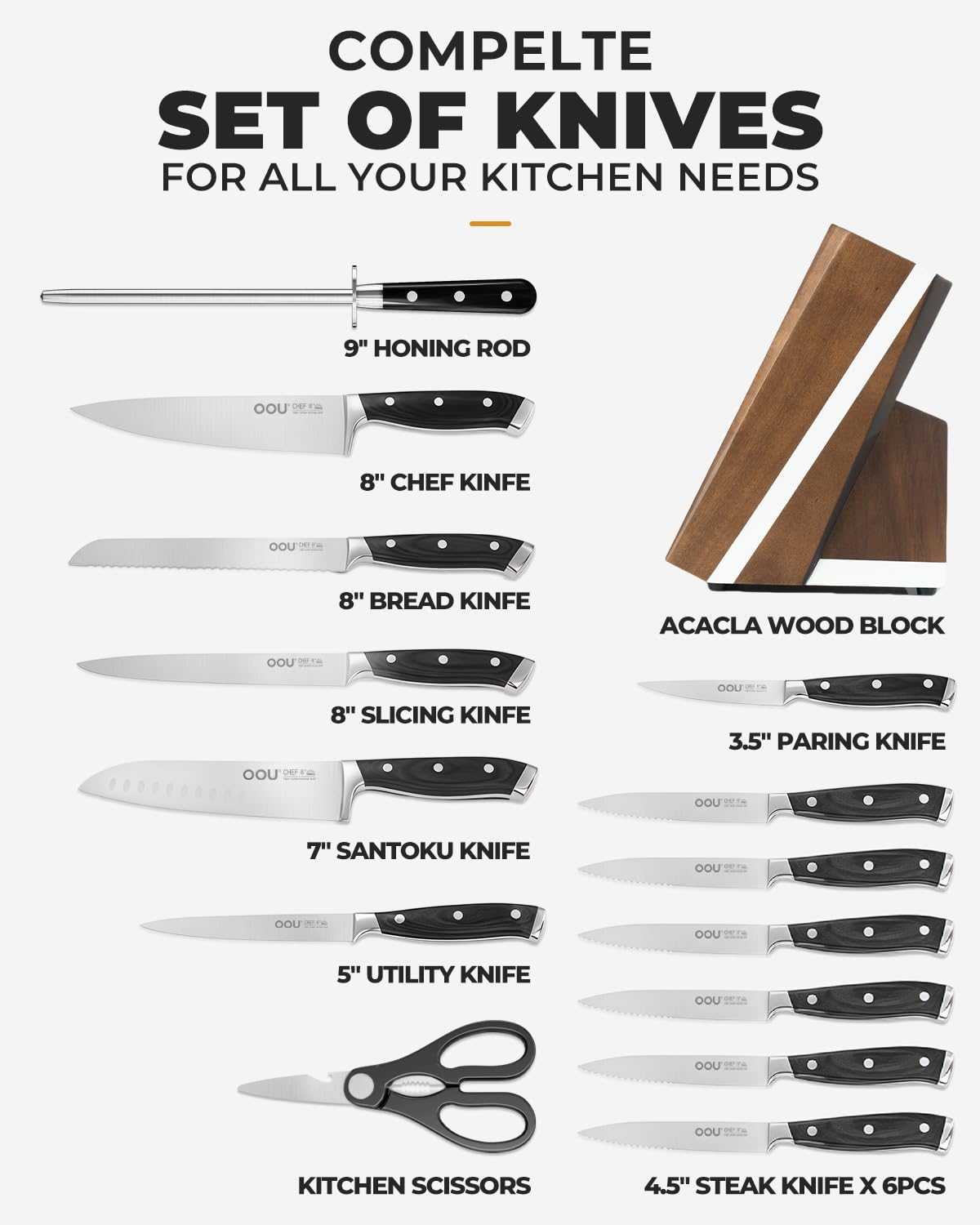 OOU 2025 Kitchen Knife Set with Block, 15-Piece German Stainless Steel Knife Blcok Set with Sharpening Rod, Ergonomic Wood Handle,Premium Razor-Sharp Knives Set for Kitchen