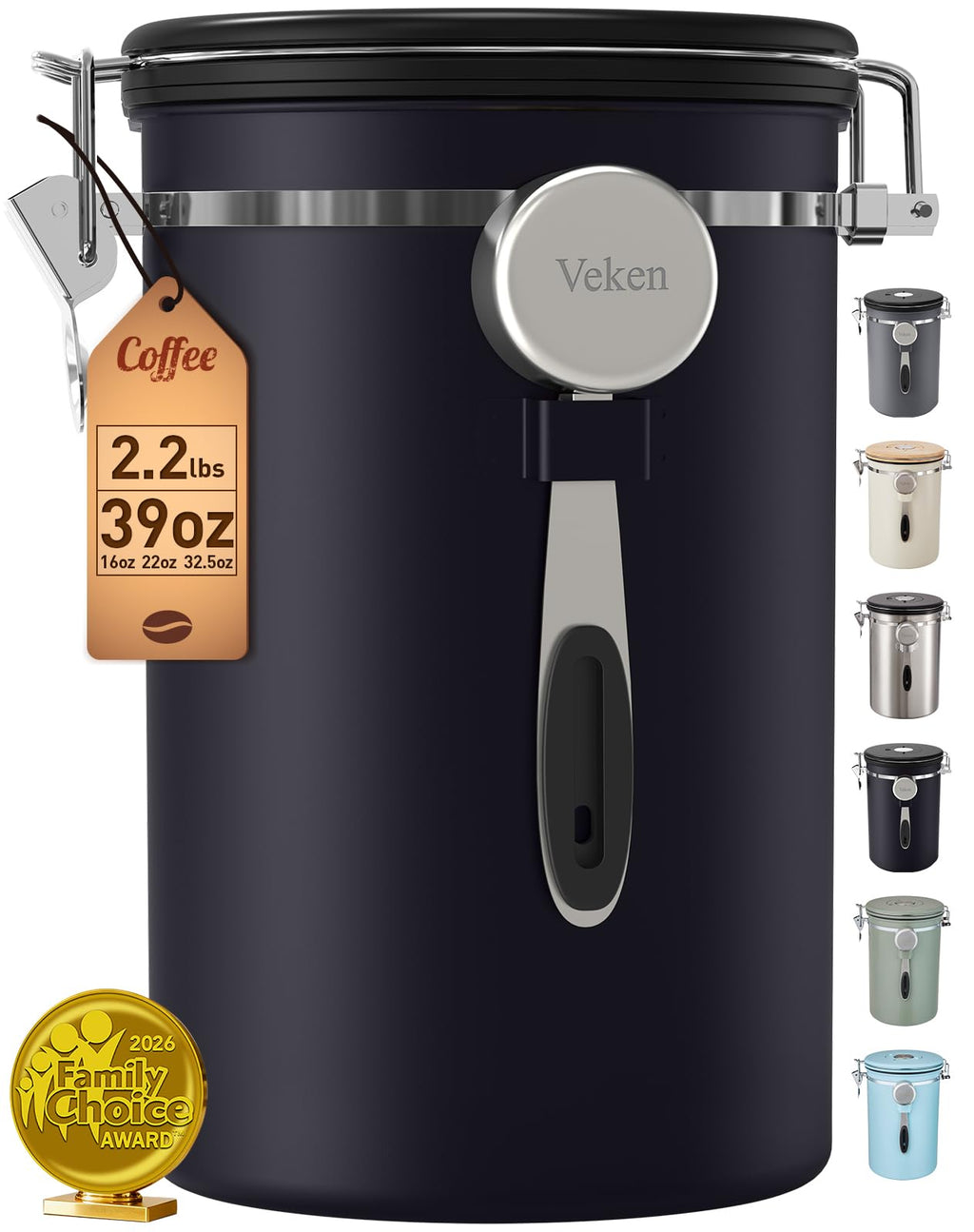 Veken Coffee Canister,39OZ, 2.2lbs,Large Airtight Stainless Steel Container