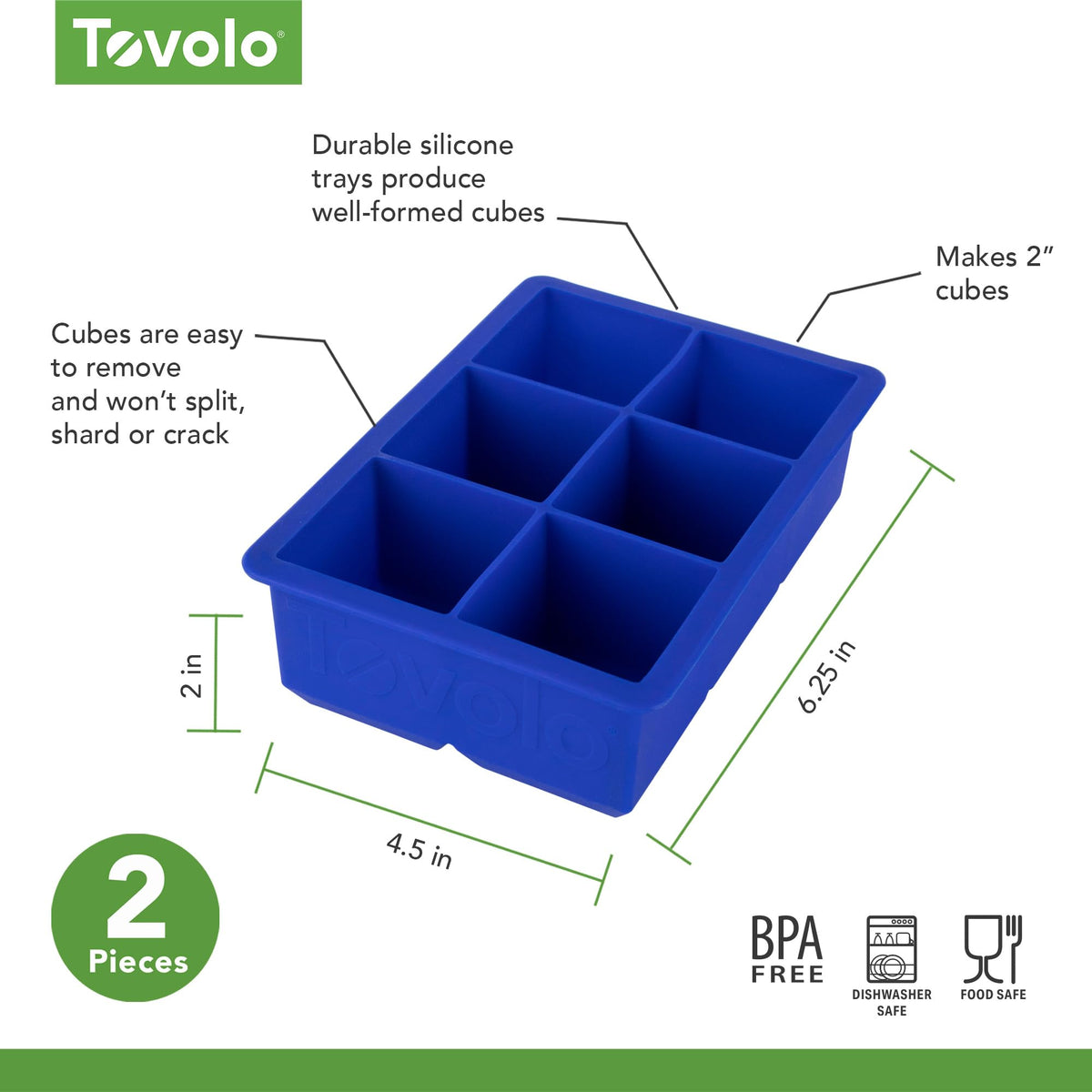 Tovolo Large 2” King Cube Ice Tray Stratus Blue Ice Cube Trays for Whiskey Cocktails Smoothies, Big Square Ice Cube Mold Silicone Freezer Tray for Perfect Rock Cubes BPA Free Dishwasher Safe