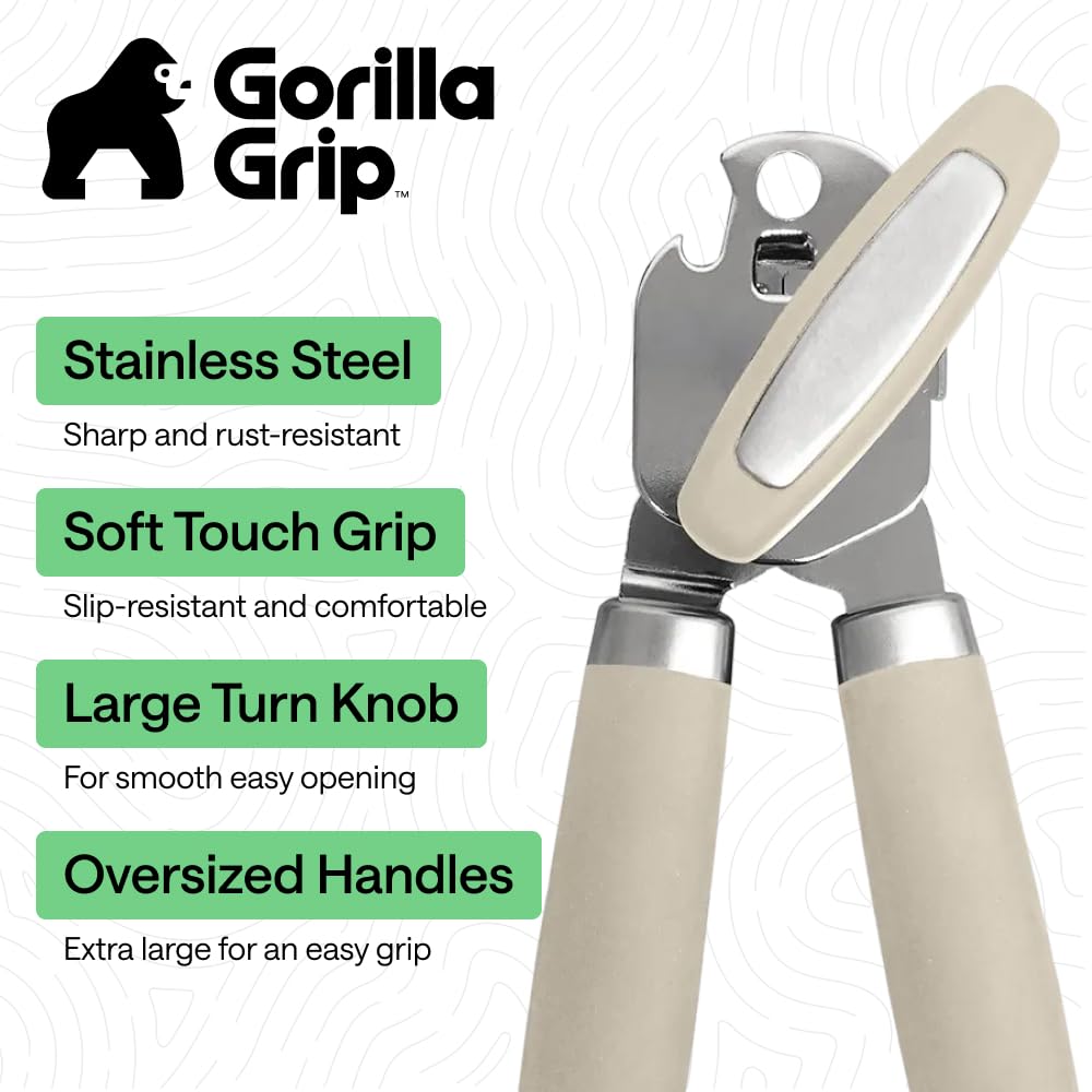 GORILLA GRIP Original Model Stainless Steel Smooth Edge Manual Can Opener and Bottle Openers, US Designed, Comfortable Handle, Oversized Handheld Turn Knob, Multifunctional Kitchen Tool, Almond