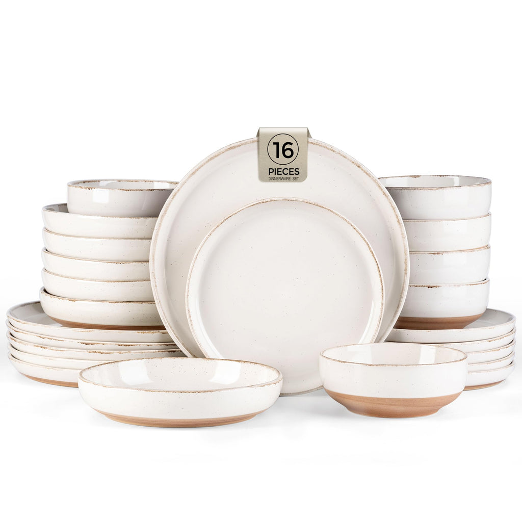 AmorArc Dinnerware Sets with Pasta Bowls for 4, Handpainted Stoneware Plates and Bowls Set with Rustic Terracotta Underside, Scratch Resistant Dishes Set, Dishwasher & Microwave Safe, 16 Pcs