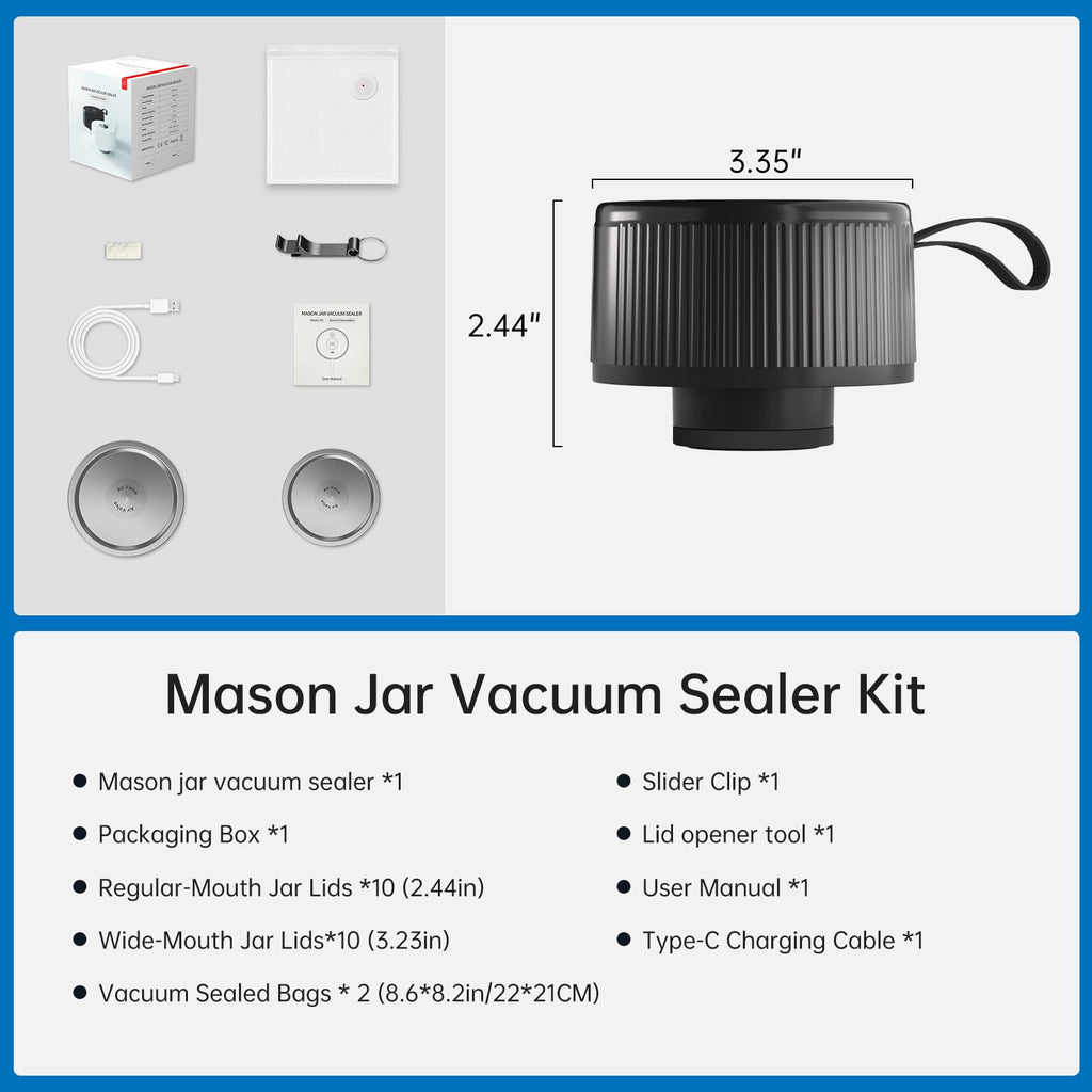 Electric Mason Jar Vacuum Sealer Kit, 3-in-1 Handheld Jar Sealer, Black