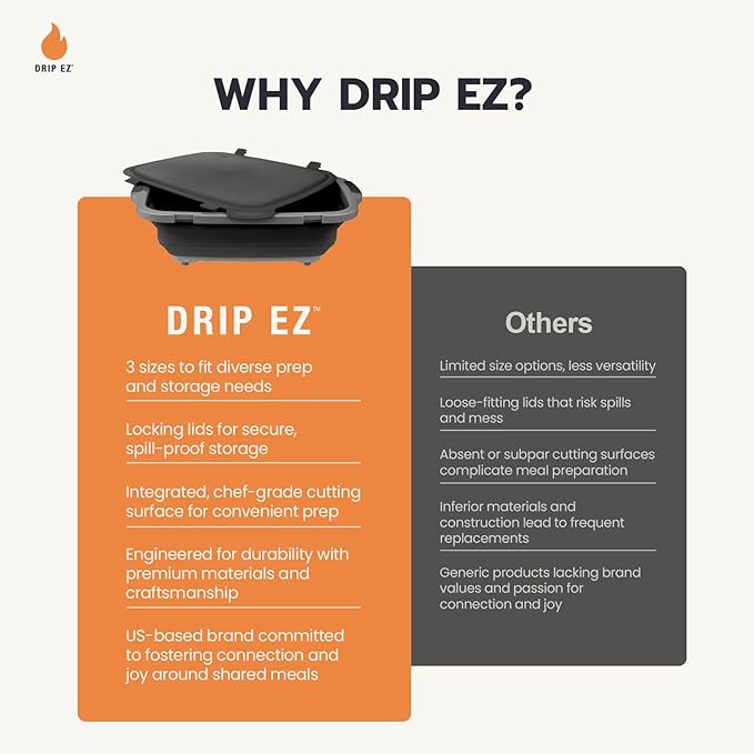 Drip EZ Collapsible BBQ Prep Tubs 3-Piece Set- For Meal Prep Marinating Food Storage - Includes Cutting Board & Lid - (1) JR + (1) OG + (1) XL - Orange