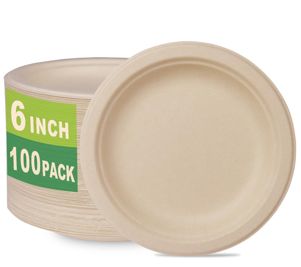 GreenWorks 100 Count 7“ Heavy-duty Compostable Plates, Unbleached Biodegradable Bagasse and Bamboo fiber Paper Plates