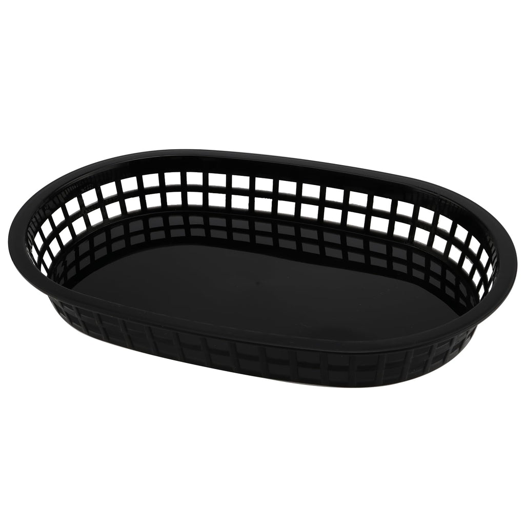 HEIHAK 30 Pack 10.5 x 7 Inch Black Plastic Fast Food Baskets, Restaurant Serving Baskets, Flat Oval Fast Food Serving Basket for Picnic, Deli Serving, Chicken, Burgers and Fries