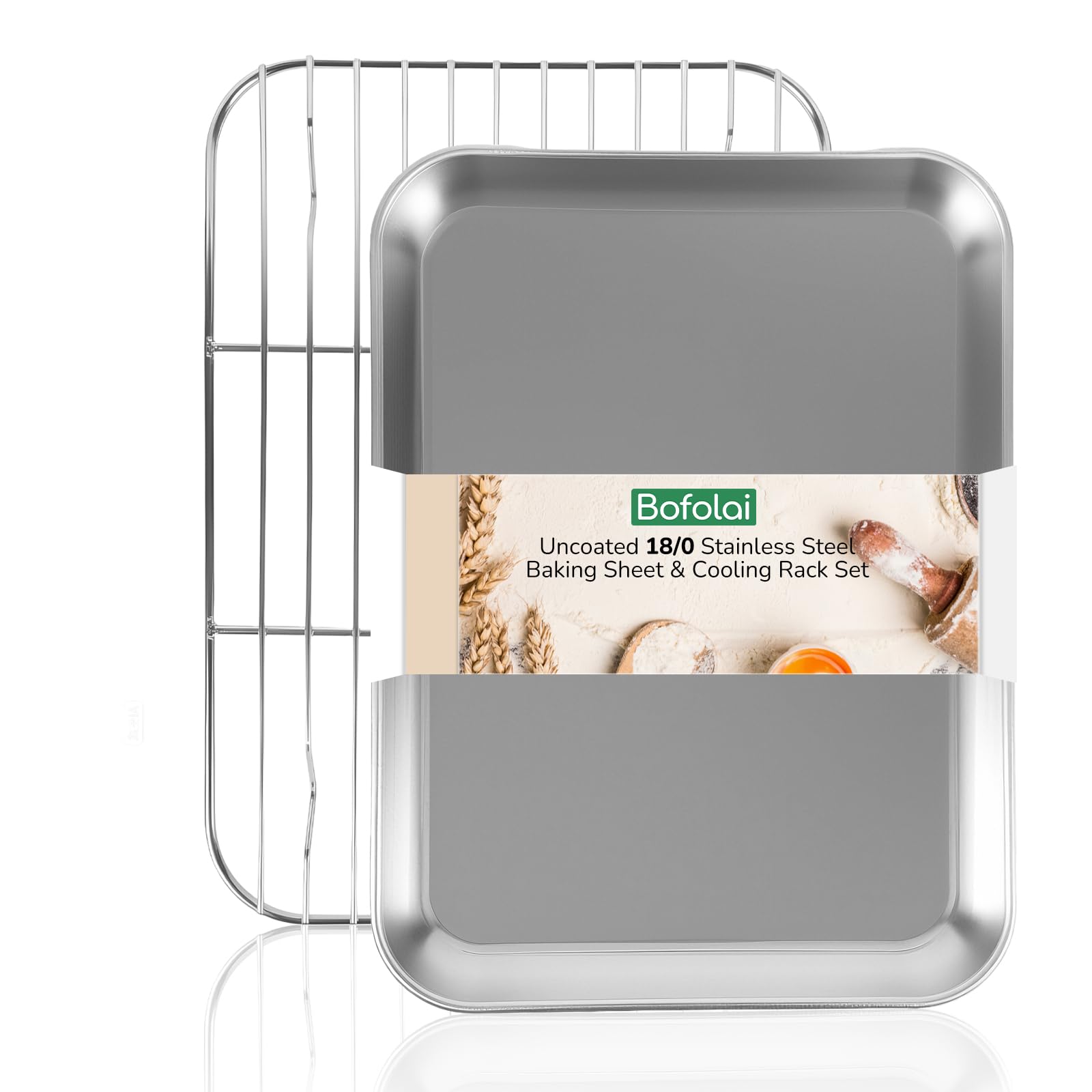 Bofolai 18/0 Stainless Steel Baking Sheet with Cooling Rack, 15.9 Inch Oven-Safe Non-Toxic Cookie Sheets for Baking, Coating Free & Rust Resistant for Healthy Family Baking, Easy to Clean, Heavy Duty