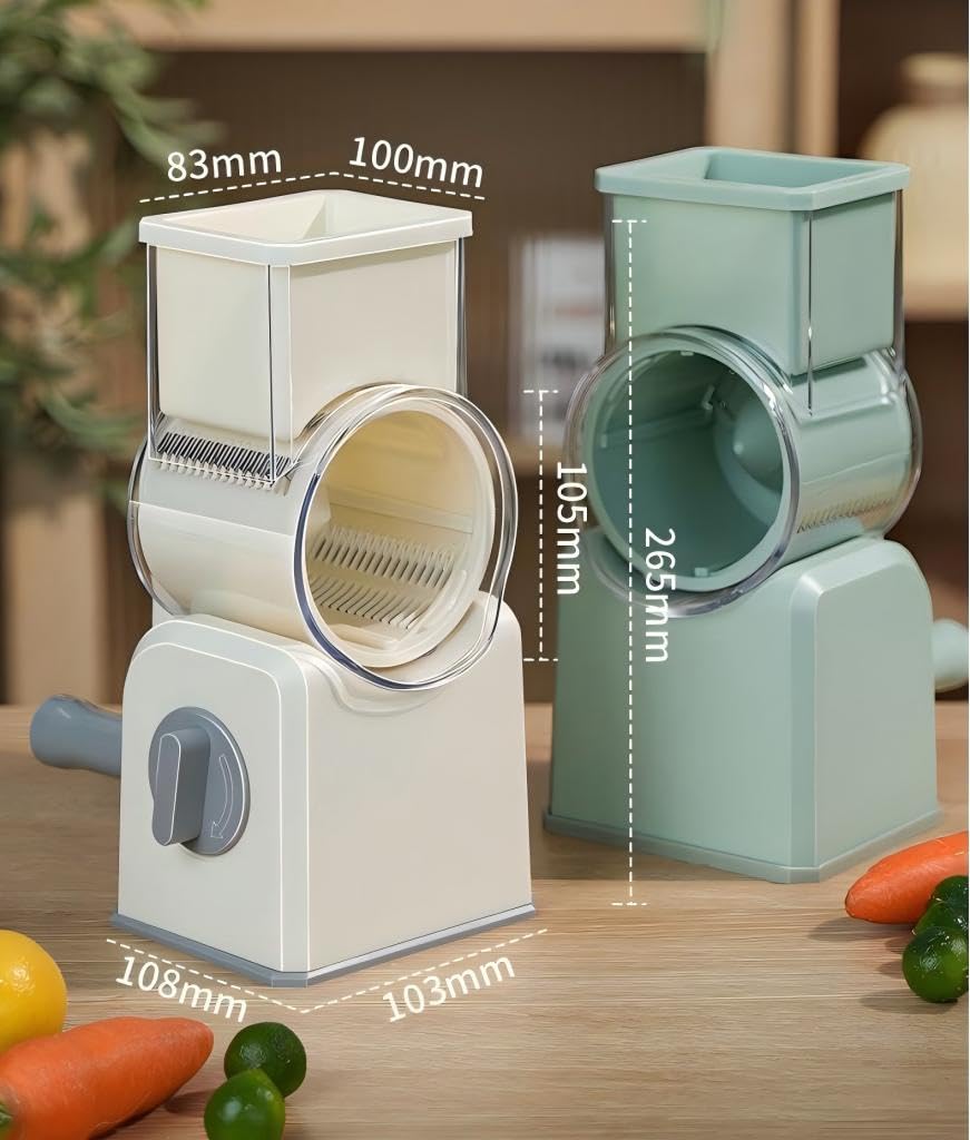 Rotary Cheese Grater with Hand Crank, Multi-Purpose Shredder Slicer with 3 Interchangeable Stainless Steel Blades for Shredding, Slicing, and Grating Cheese, Vegetables, and Fruit (Green)