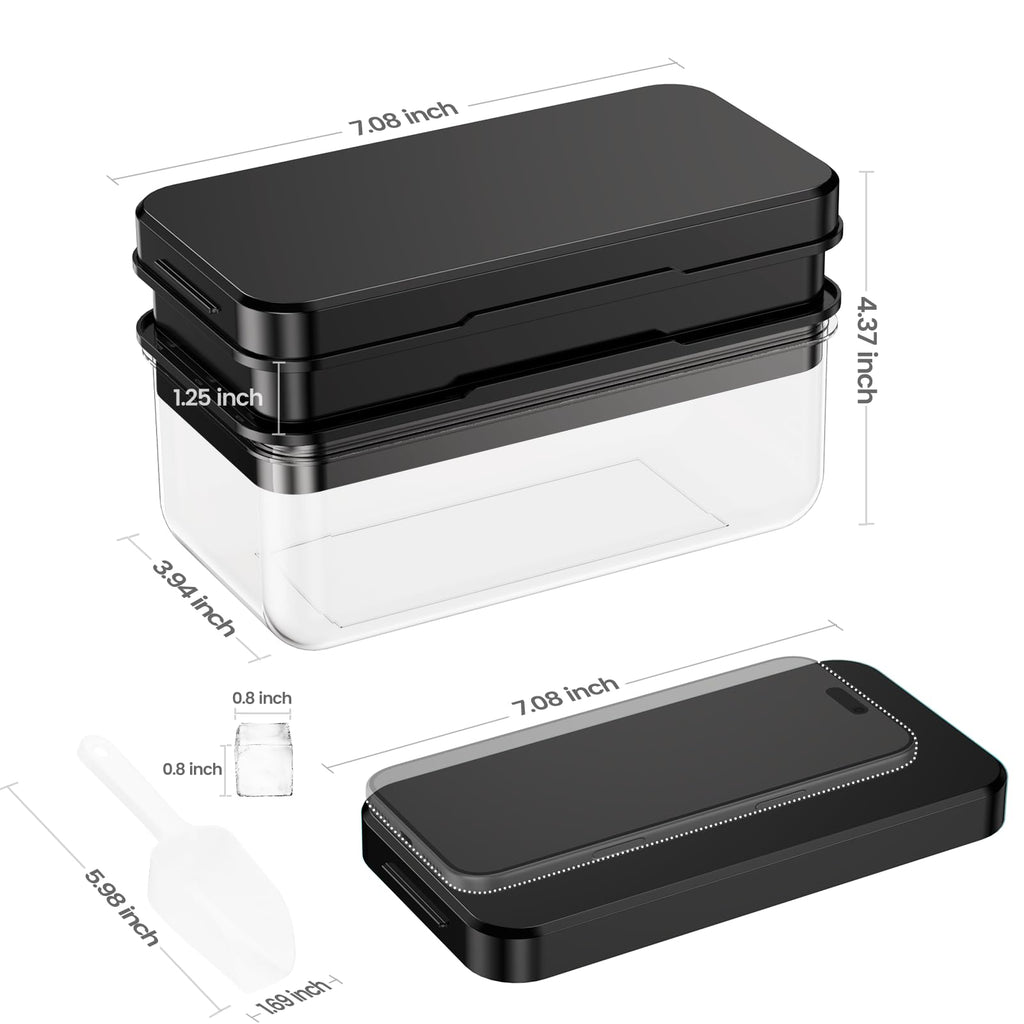 0.8“ Ice Cube Tray with Lid and Bin, PHINOX 56 Cubes Ice Trays for Freezer, Ice Cube Trays for Freezer with 2 trays, Container, Lid & Ice Scoop, BPA Free, Black(28Cubes/Tier)
