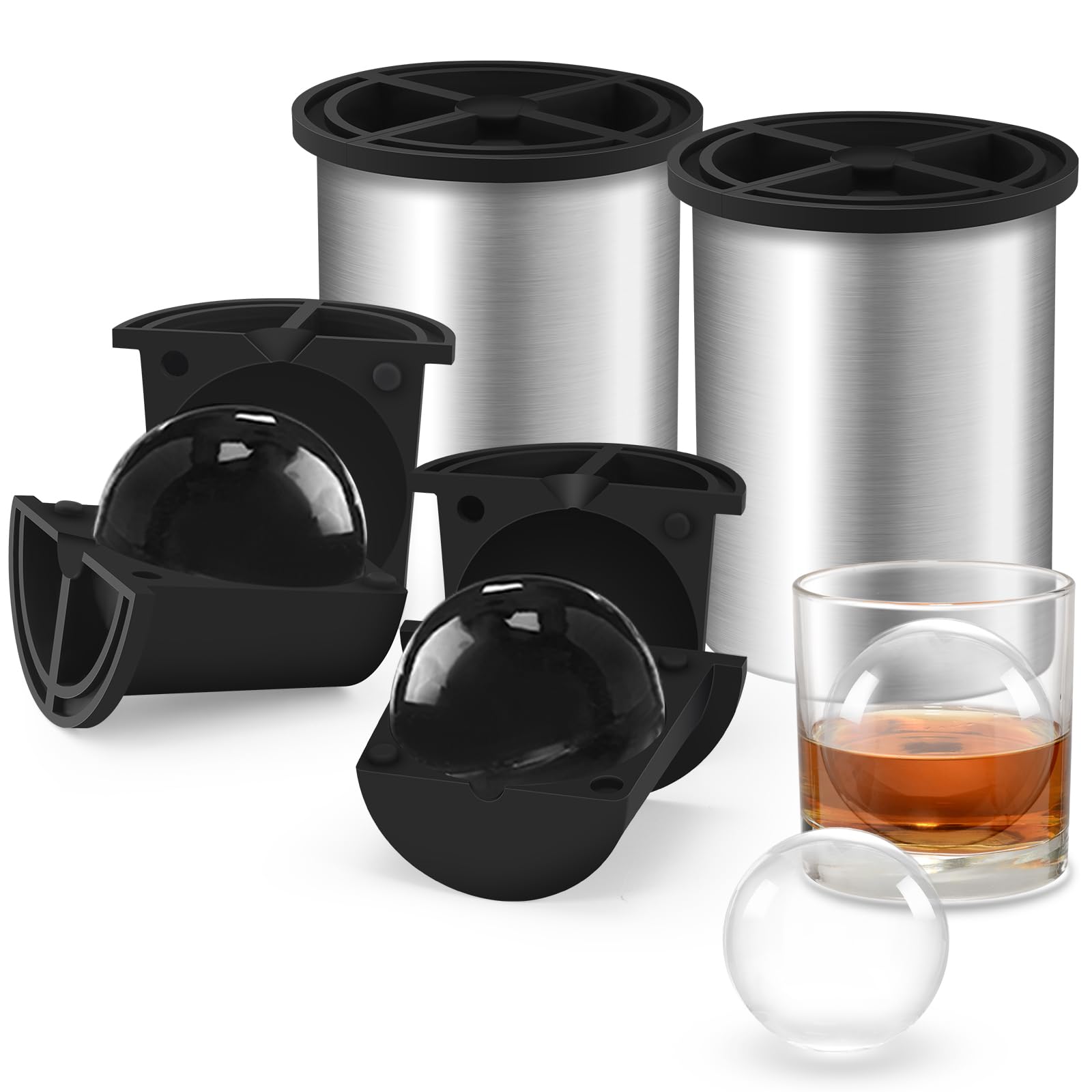 Clear Ice Cube Maker, 2.5 Inch Stainless Steel Crystal Large Clear Ice Ball Maker, Silicone Ice Cube Mold for Cocktails, Drinks & Bourbon, Whiskey Gifts for Men, Metal Color(2 Pack)