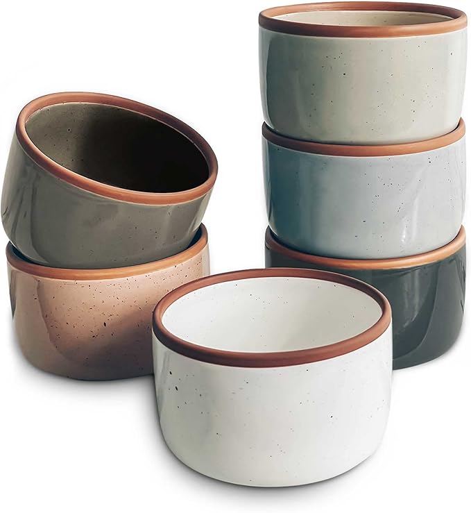 Mora Ceramic Ramekins - 8oz, Set of 6 - Small Oven Safe Baking Dishes/Cups - For Personal Pudding, Creme Brulee, Souffle, Serving Dip, Custard, Ice Cream - Single Mini Bowls - Assorted Neutrals