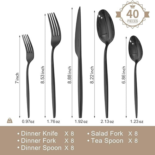 18/10 Silverware Set for 8, 40 Piece Black Stainless Steel Flatware Cutlery