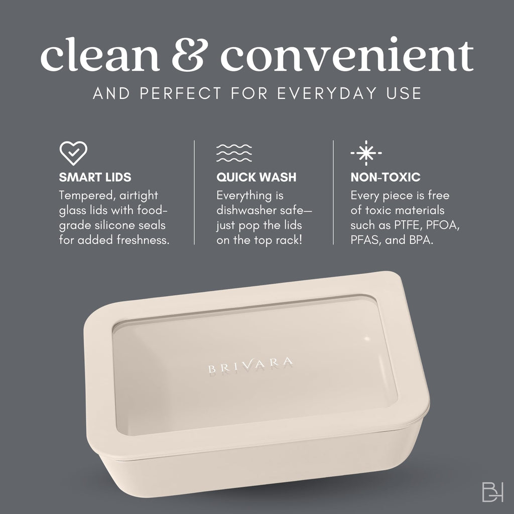 BRIVARA HOME Glass Food Storage Container with Lid, 5-Cup Medium Square | Microwave-Safe Airtight Lid, Oven-Safe Ceramic-Coated Glass | Zero Plastic, No PFAS/PFOA/BPA, Reusable [Crema]
