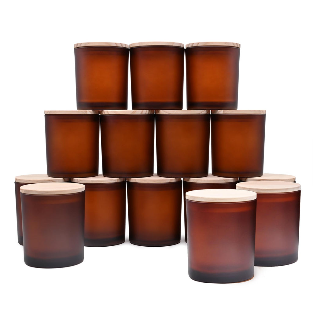 SHOWIN 10 OZ Thick Candle Jars for Making Candles 15 Pcs, Empty Jars with Wood Lids for Candle Making, Sample Container, Frosted Grey