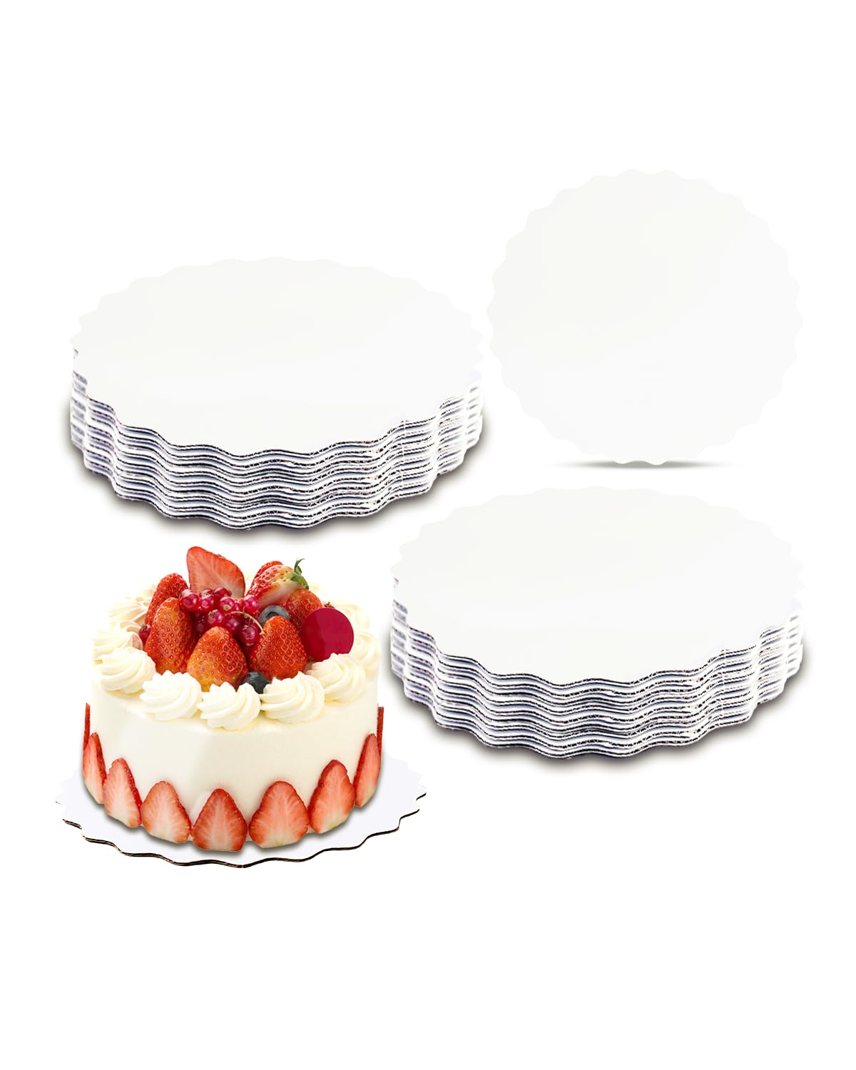 qiqee 10 Inch White Wave Cake Boards Round 50-Packs Circles Rounds Base Food-Grade Cardboard Wave Cake Plate（Thinner But Stronger）