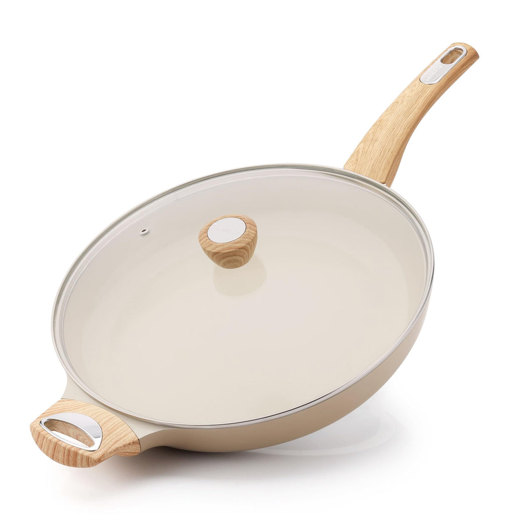 SENSARTE 9.5inch Ceramic Nonstick Frying Pan Paella Pan with Lid, Taupe