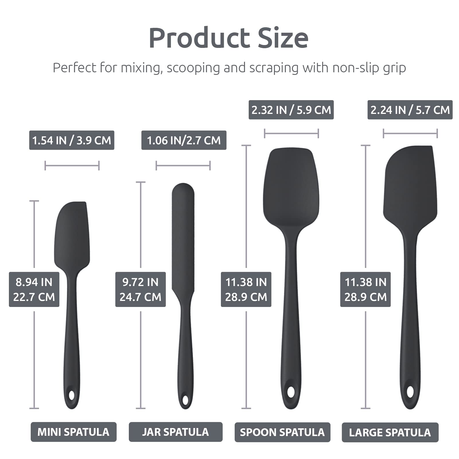 Heat Resistant Silicone Spatula Set: U-Taste 600ºF High Temp Seamless Food Grade Utensil, Flexible Rubber Silicon Kitchen Cooking Mixing Baking Scraper for Nonstick Cookware Set of 4 (Black)