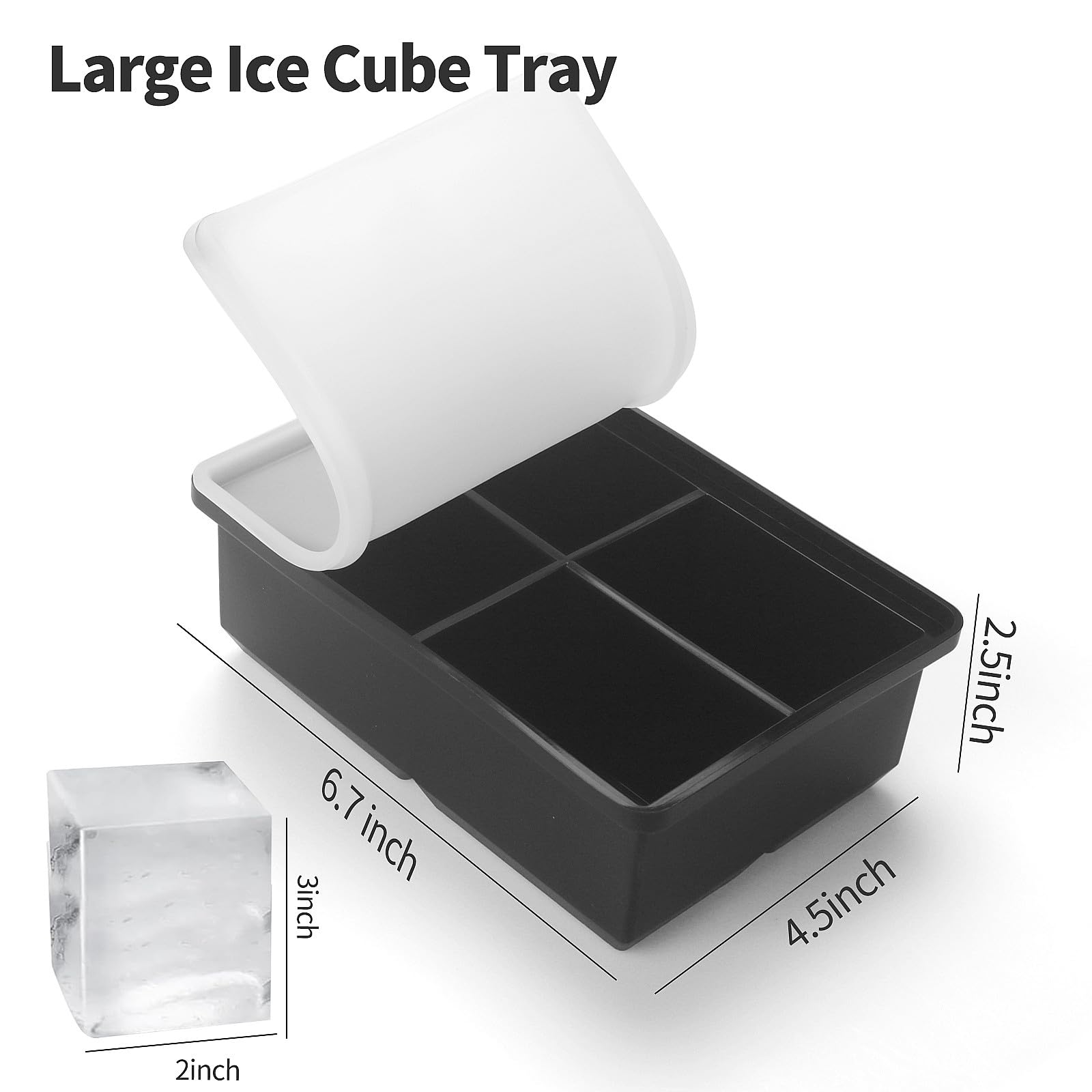 Large Ice Cube Trays for Whiskey: BECOKIT Big Silicone Ice Cube Trays - 3 * 2Inch Square Ice Cubed Tray for Bourbon Whisky and Cocktail - 4Pack Giant Silicon Ice Cube Tray (Black 4 Tray)