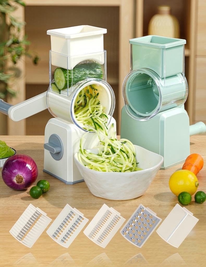 Rotary Cheese Grater with Hand Crank, Multi-Purpose Shredder Slicer with 5 Interchangeable Stainless Steel Blades for Shredding, Slicing, and Grating Cheese, Vegetables, and Fruit (Beige)