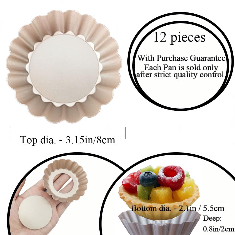 DATANYA Mini Tart Pans Removable Bottom 3 Inch, Carbon Steel Nonstick Quiche Pan Pie Tart Tin Mold, 0.8inches High for Baking Tartlets, Pies, Cakes, Cupcakes - Premium Champagne Gold 12PCS