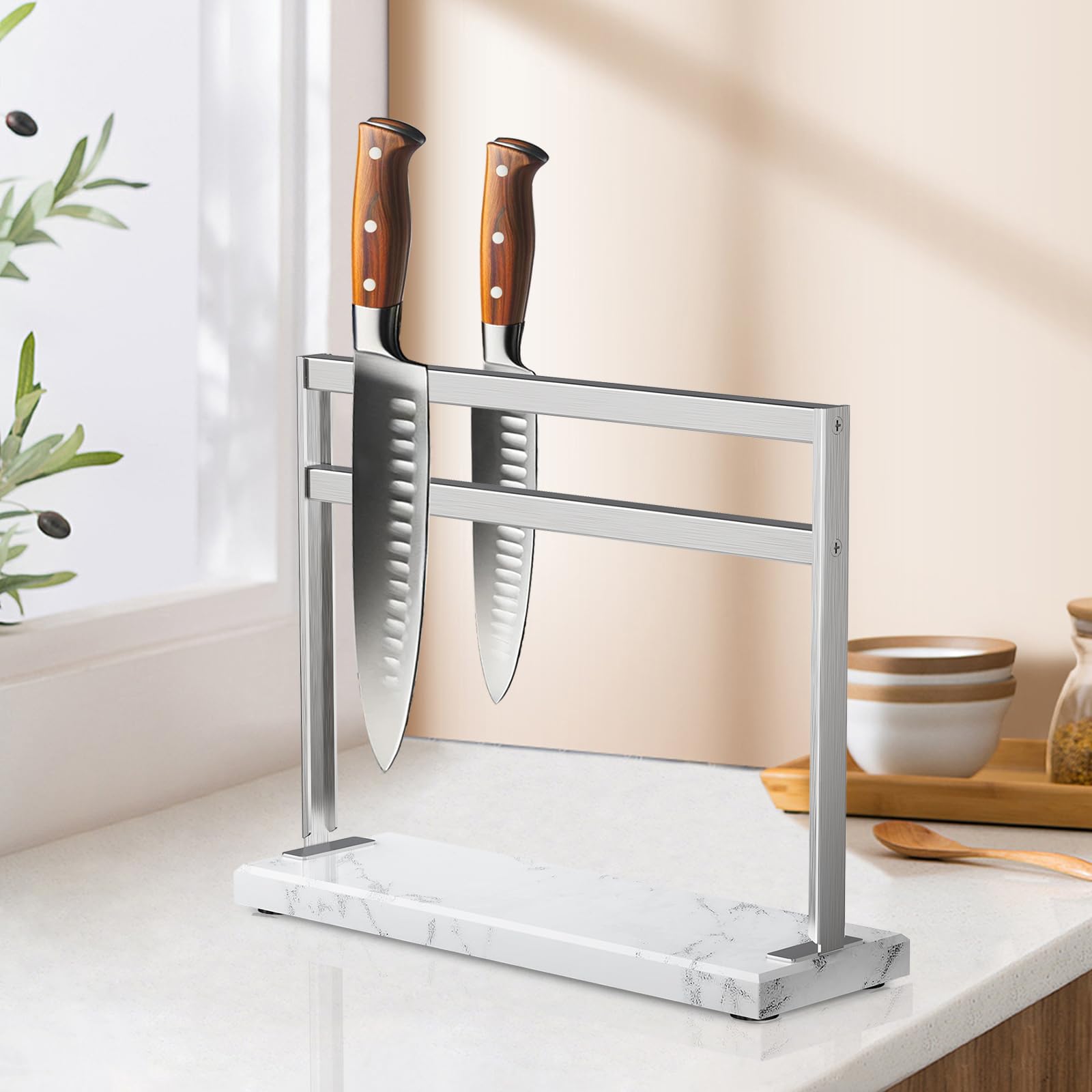 HomeSimplex Magnetic Knife Block Stand - Marble Base Magnetic Knife Holder for Counter Top - Double Sided Knife Block without Knives - Stainless Steel Magnetic Kitchen knife holder - White