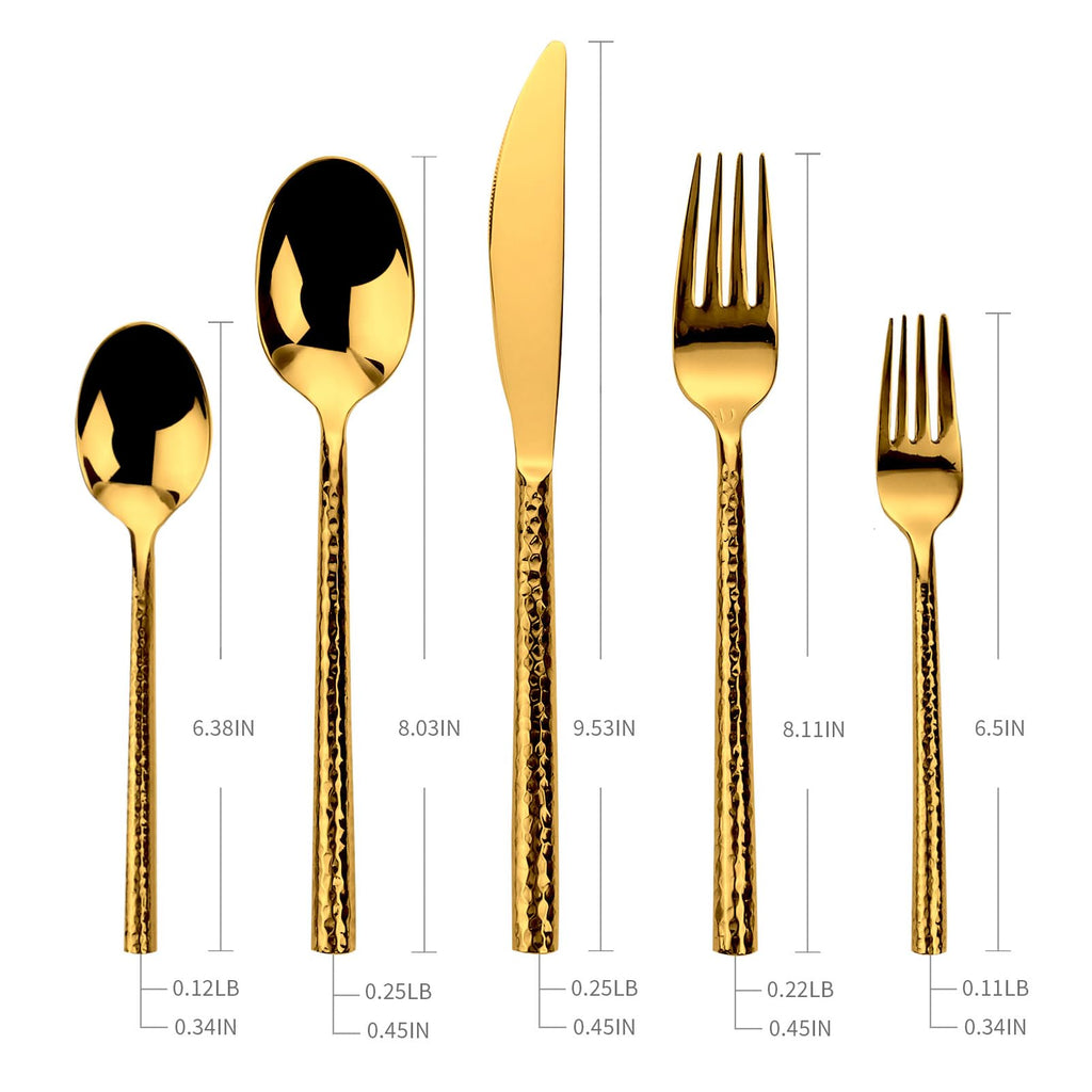 Kelenfer Gold Flatware Set Round Hammered Handle 20 Pieces Service for 4