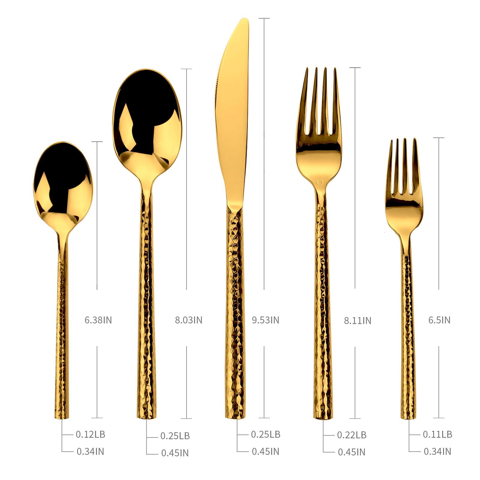 Kelenfer Gold Flatware Set Round Hammered Handle 20 Pieces Service for 4
