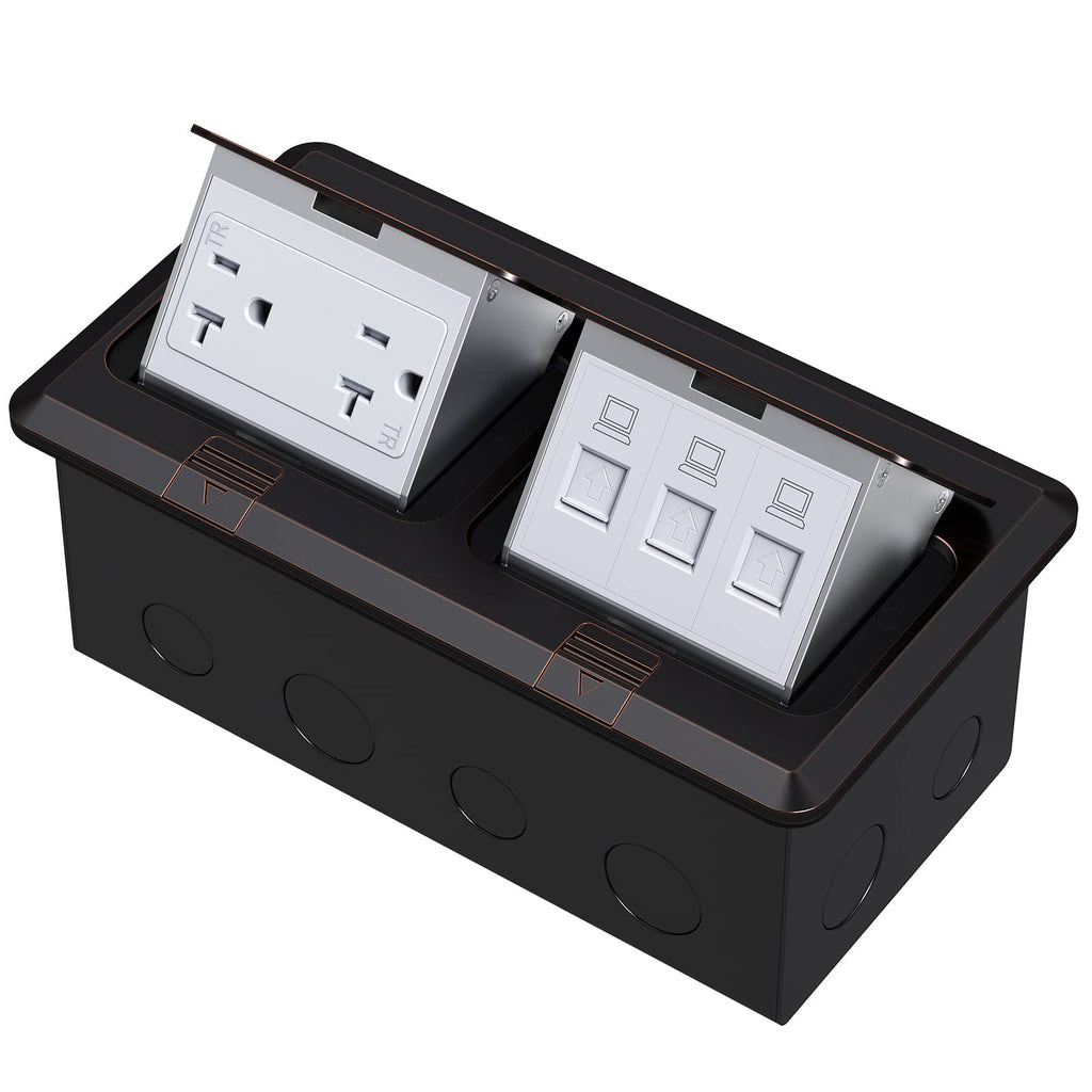 KYHSHJ Dual Pop-Up Floor Electrical Outlet Box Kit，20 Amp Stainless Steel GFCI TR Receptacle Outlet，3-Port RJ45 Datacom Receptacle， Black