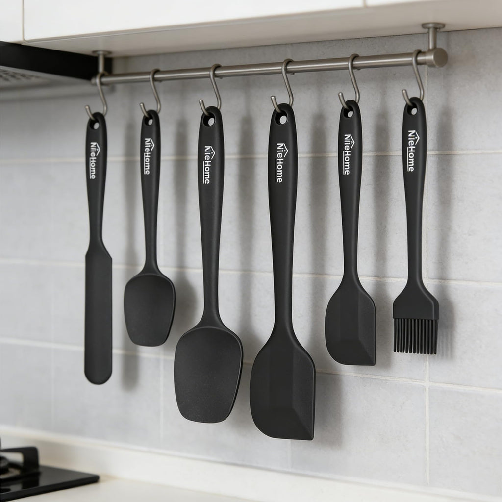 NileHome Silicone Spatula Set, 6 Pieces Food Grade Kitchen Utensils with Silicone Brush Heat Resistant Up to 600°F Dishwasher Safe BPA-Free Rubber Spatula for Scraping, Baking, Cooking, Mixing-Black