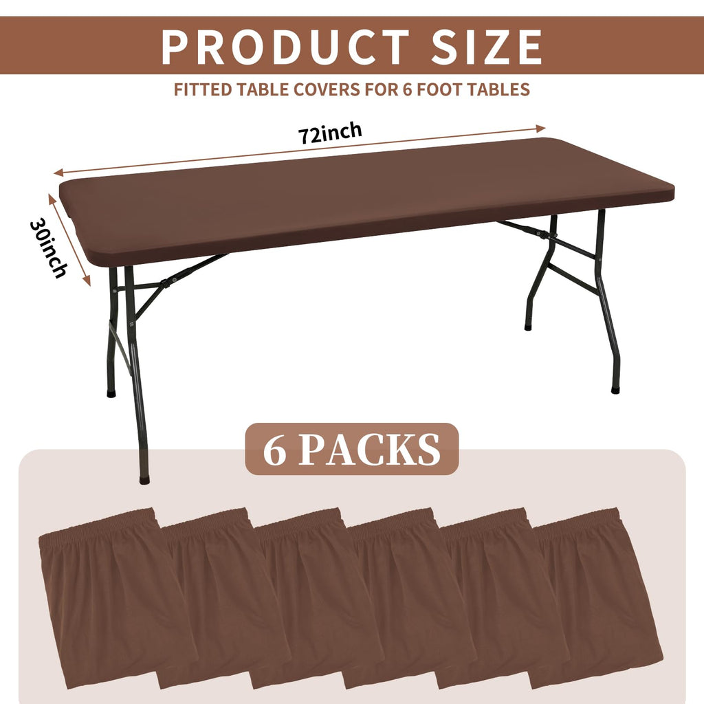 REWOMC 6 Pack Stretch Fabric Table Top Cap Cover, fits 6' Tables, Spandex Table Covers Washable Elastic Rectangle Tablecloth Protector for Indoor Outdoor Party Picnic Wedding, Coffee, 30" W x 72" L