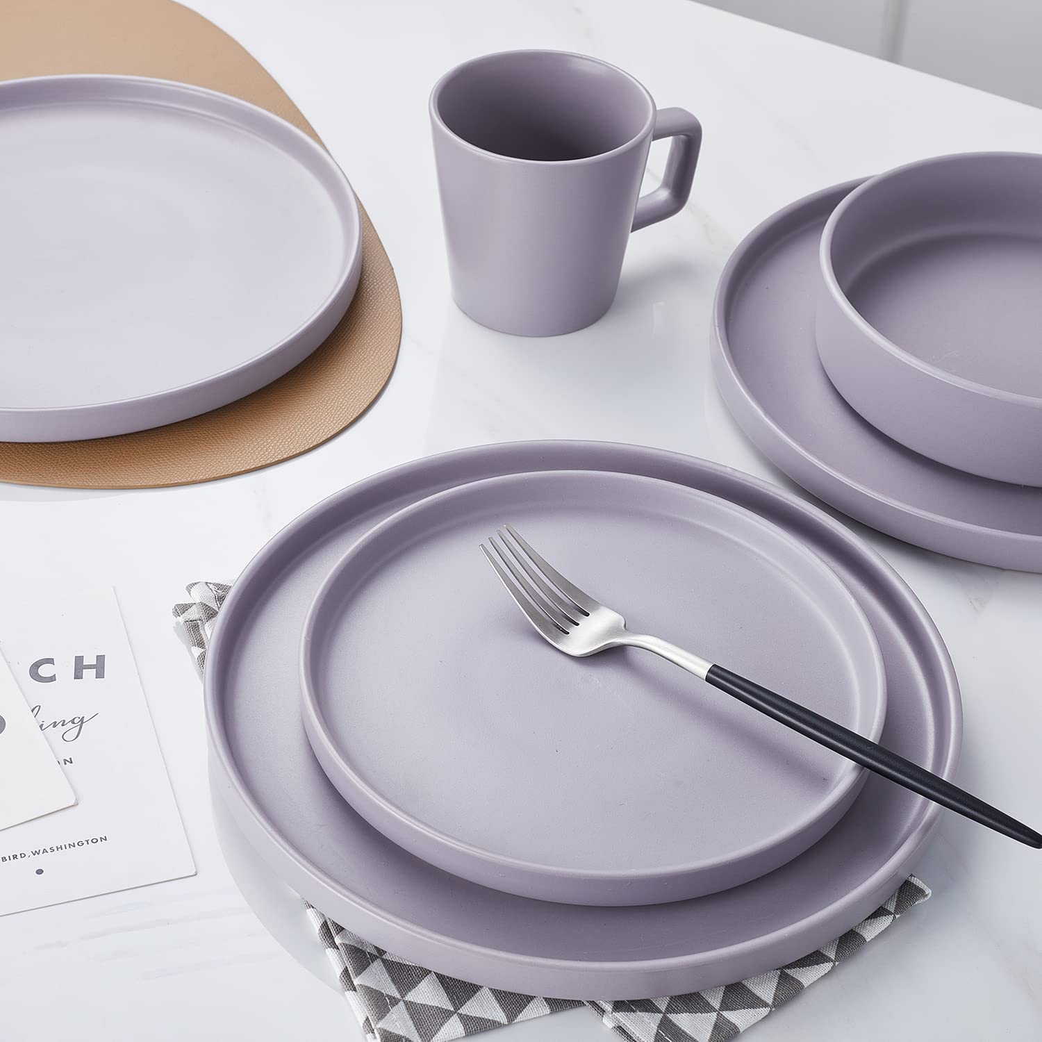 Stone Lain Cleo Stoneware 16-Piece Modern Dinnerware Set, Plates and Bowls, Light Gray, Service for 4, Microwave & Dishwasher Safe